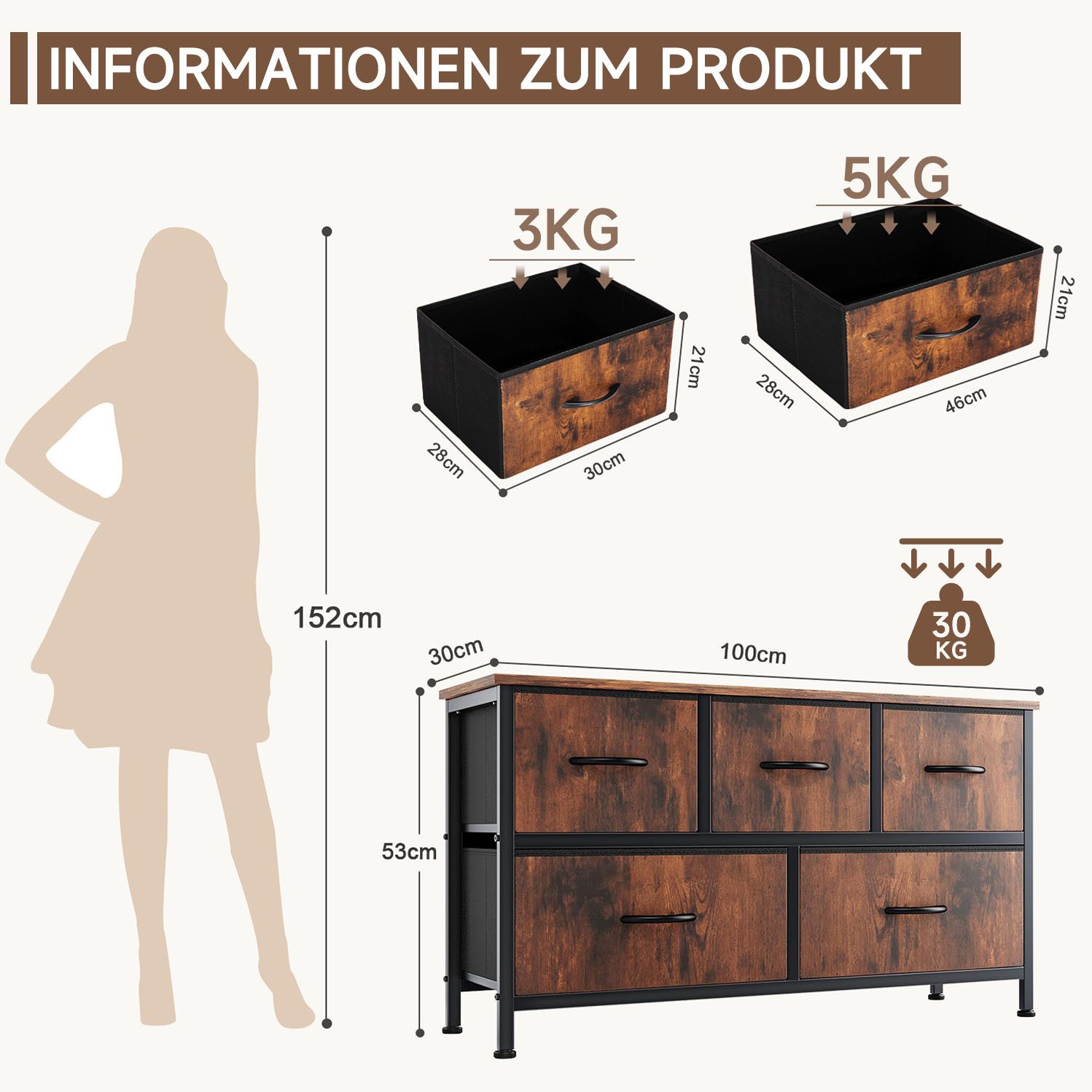 Refined Living Kommode Schubkastenkommode mit 5 Schubladen Stoffkommode stabilem Stahlrahmen (Sideboards mit Holzplatte und leicht zu ziehendem Griff für Schränke, Große Kapazität, Aufbewahrung von Kinder- und Erwachsenenkleidung), wasserdicht Geeignet für Wohnzimmer, Kinderzimmer, Flur, Schlafzimmer