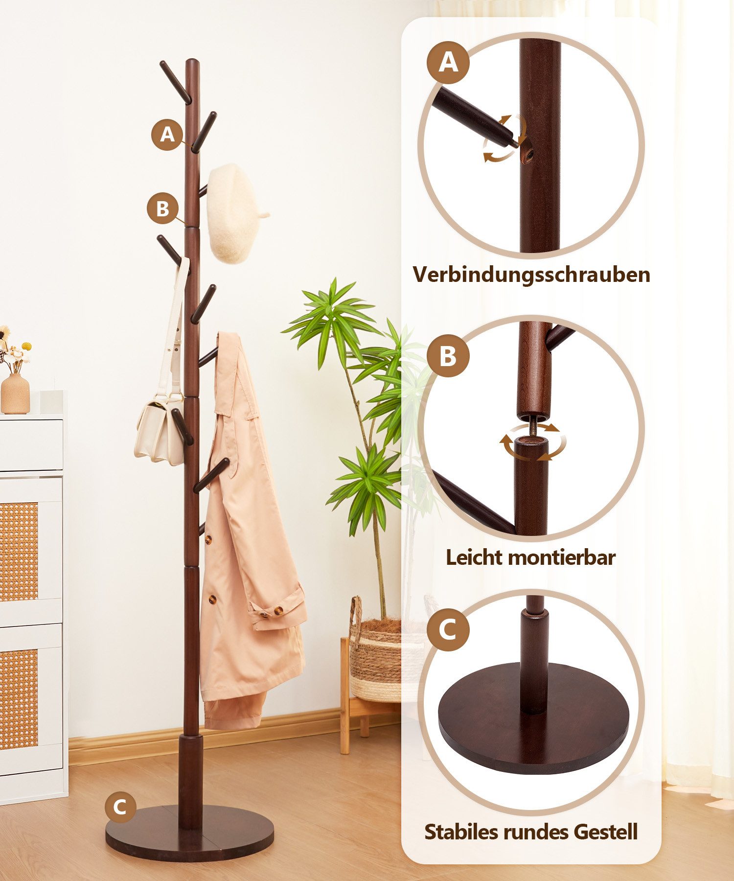 Yorbay Garderobenständer aus Buche Massivholz, Kleiderständer Baumform mit 9 Haken, 38 x 179 cm, Verstellbar Garderobenständer für Jacken, Hüte, Taschen, Braun – Bild 4 von 5
