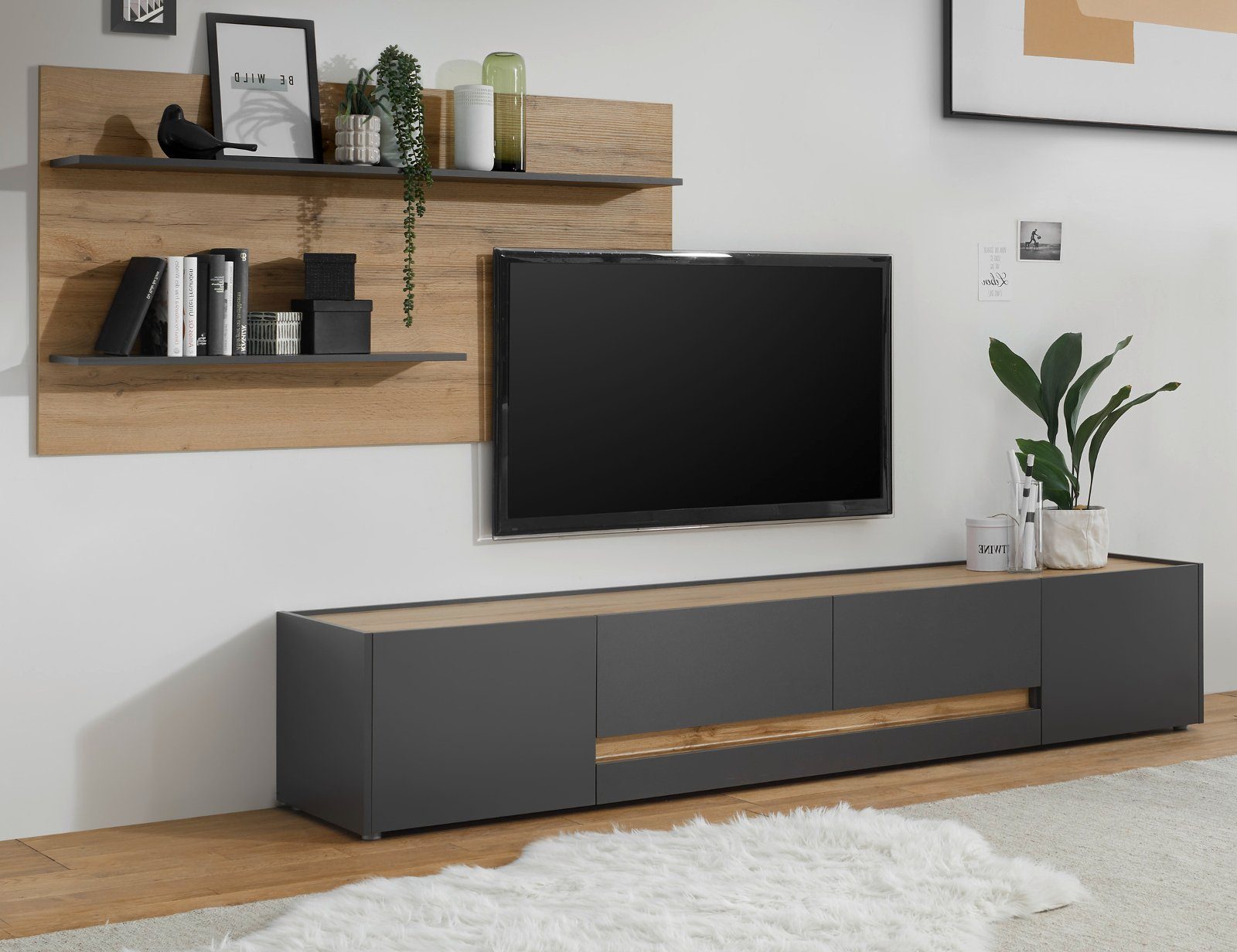 Center, und Wohnwand für TV cm 300 TV-Geräte, (Set Lösung Wandregal), mit Breite große Lowboard Furn.Design