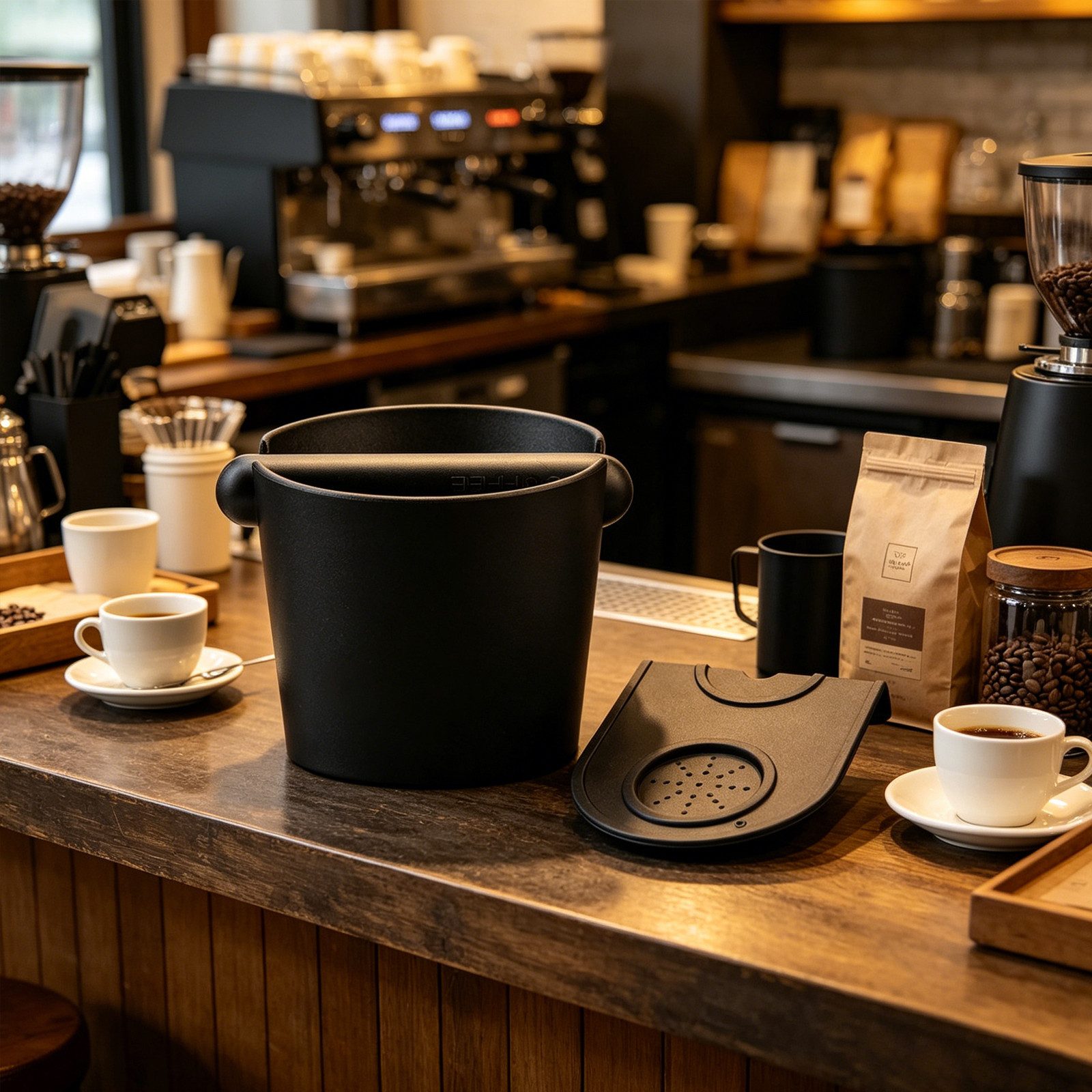 BlingBin Ausklopfbehälter Abschlagbehälter für Siebträgermaschine Zubehör, mit Stopfmatte, Espresso-Kaffeeklopfbox, langlebige Barista-Abklopfbox für Kaffeesatz
