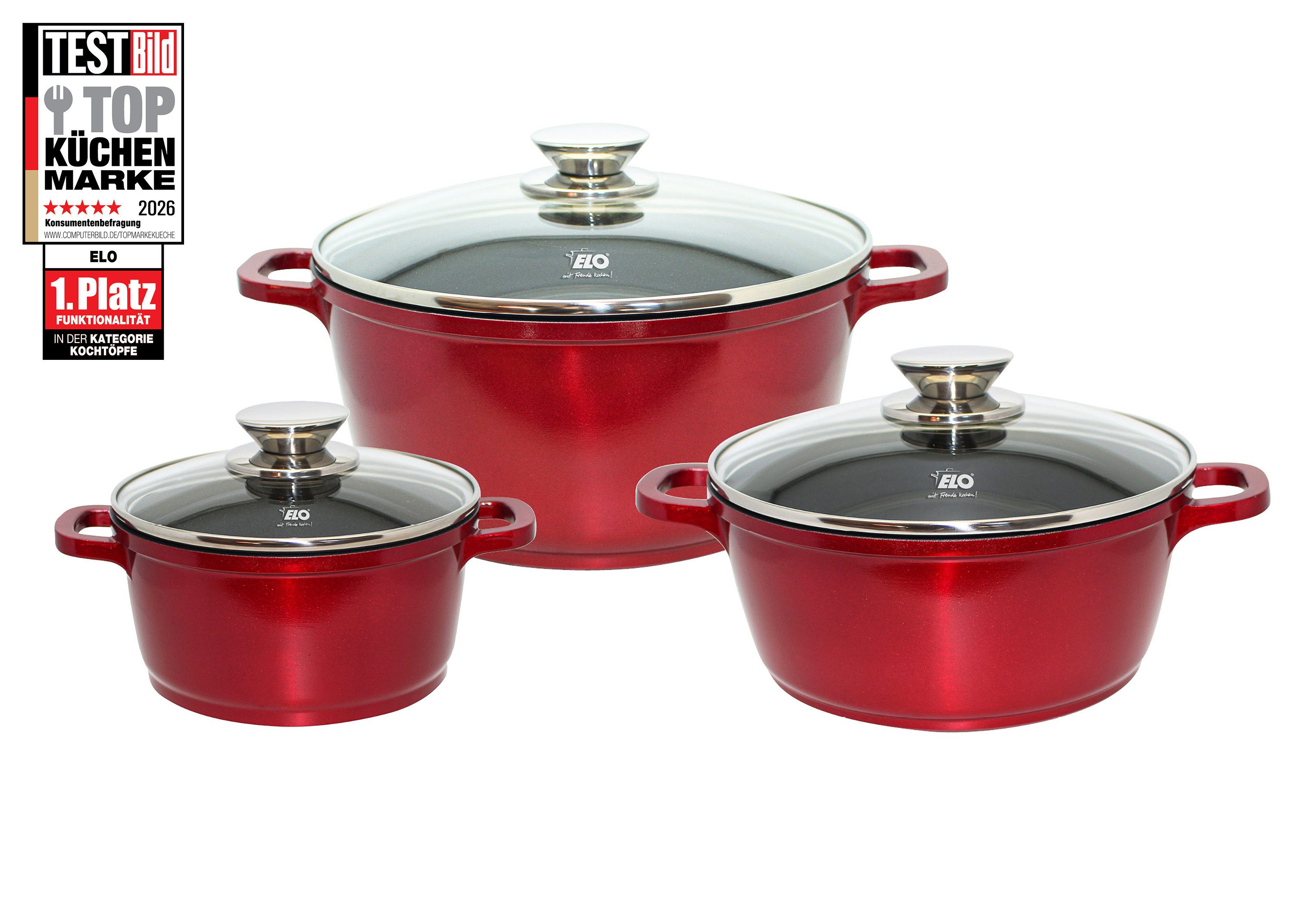 Elo Topf-Set Rubino Topfset 3-teilig, Aluminiumguss (Set, 6-tlg), mit Glitzer-Glamour-Effekt