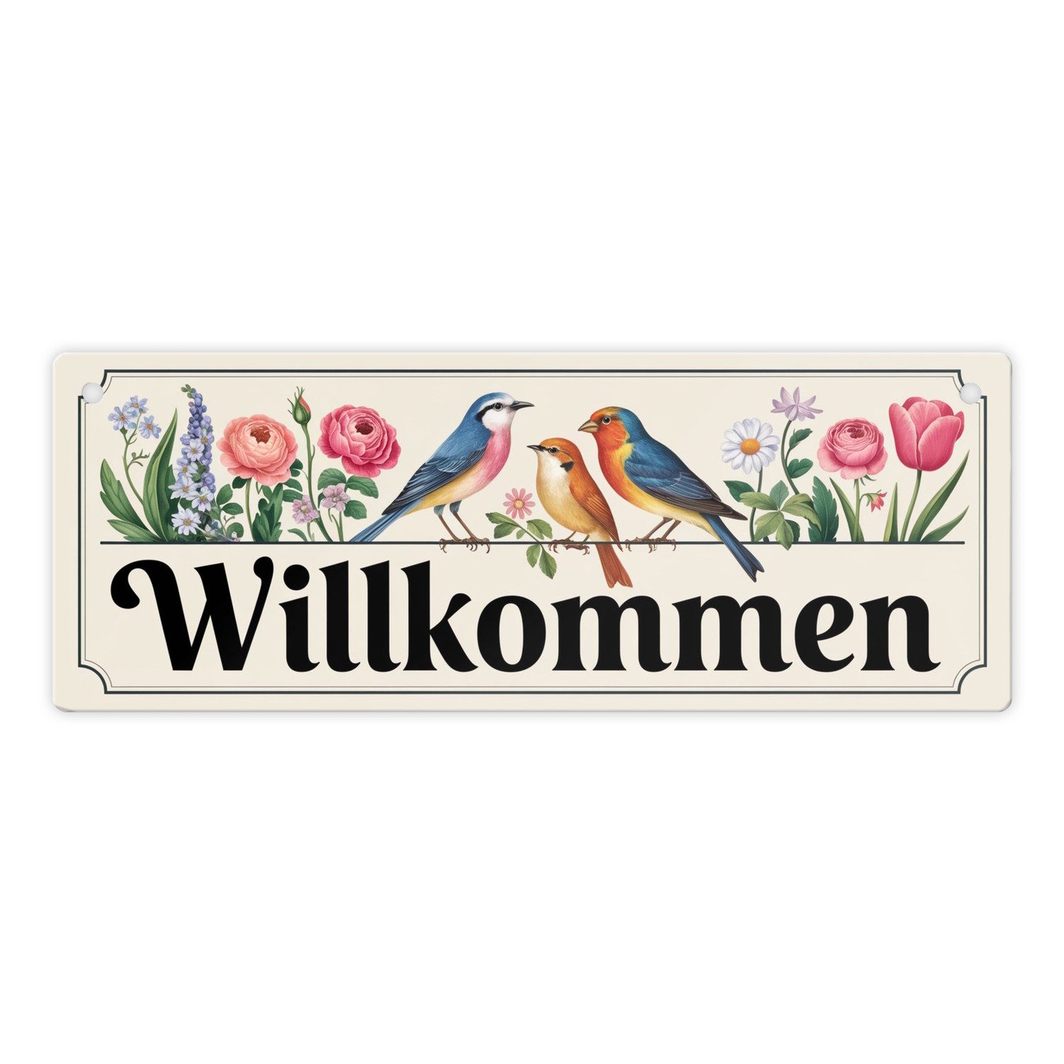 speecheese Metallschild Vögel und Blumen Willkommen Metallschild - Frühling günstig online kaufen