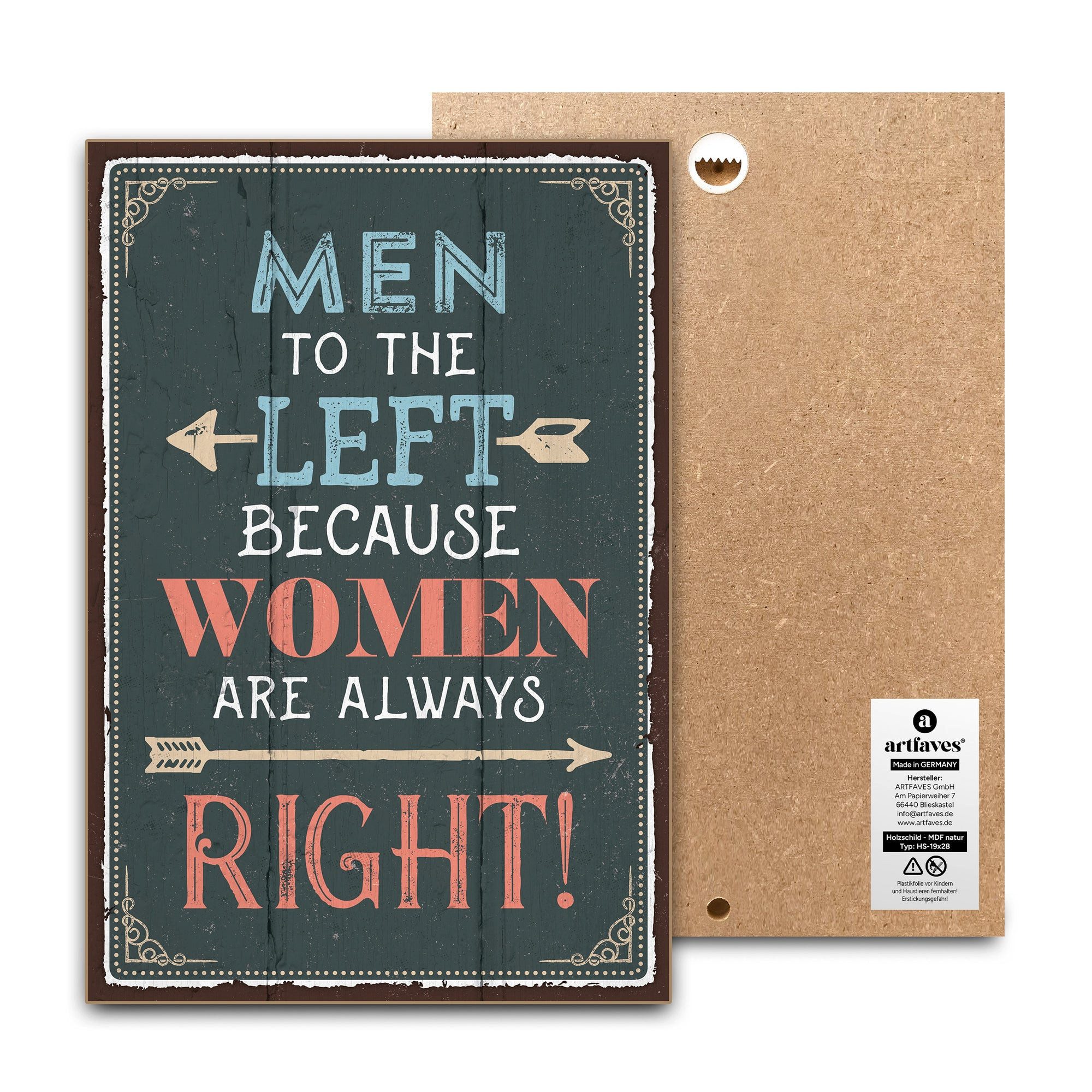 ARTFAVES Holzbild Schild mit Spruch - MEN TO THE LEFT - Restaurant, Bar, Gaststätte, WC