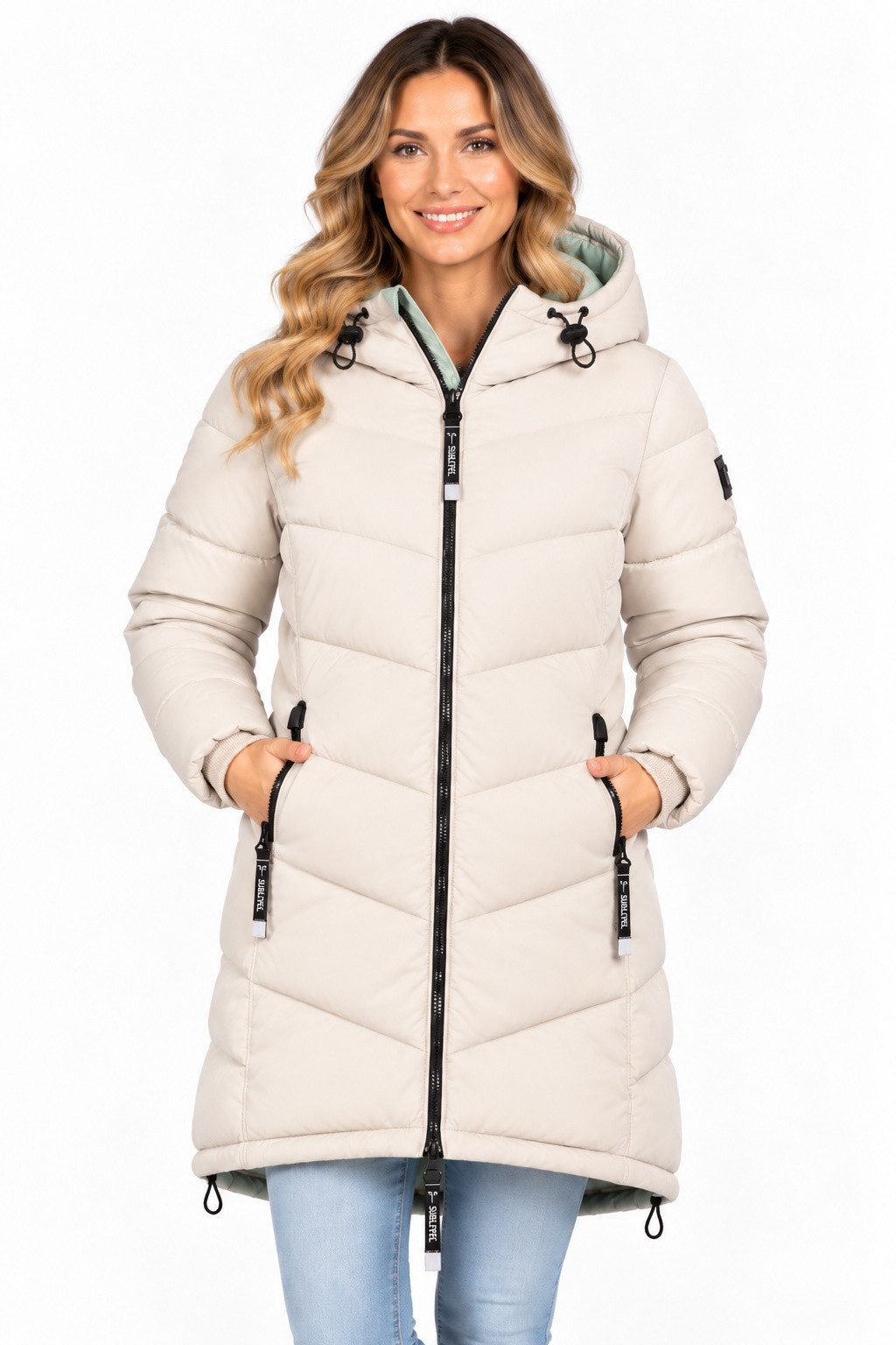 SUBLEVEL Steppjacke Damen Mantel mit Kapuze lange Winter Jacke Parka Stehkragen, Kapuze, flauschig, kuschelig, warm, Outdoor, Mantel