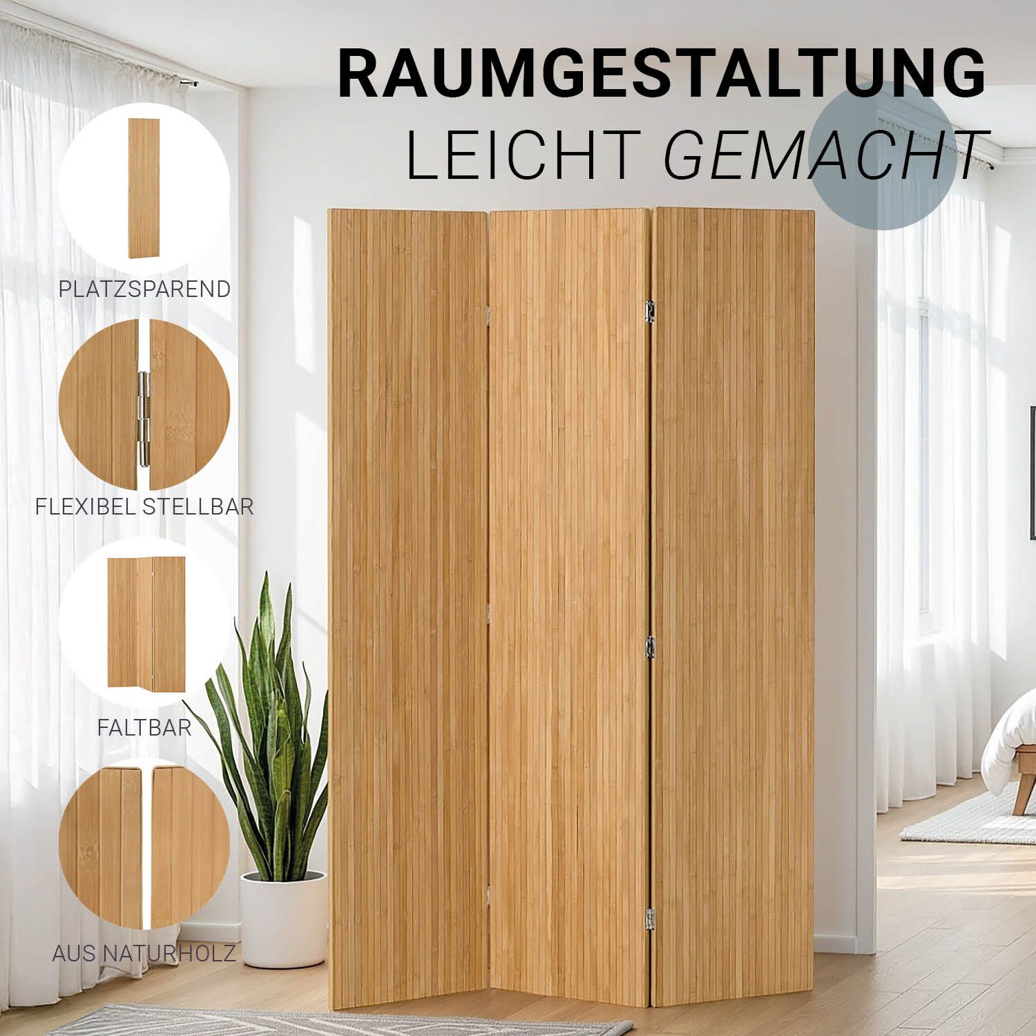 Homestyle4u Paravent Raumteiler Holz Trennwand Natur Sichtschutz Indoor Bambus Shoji (3-teilig), faltbar, braun, Bambusstreben