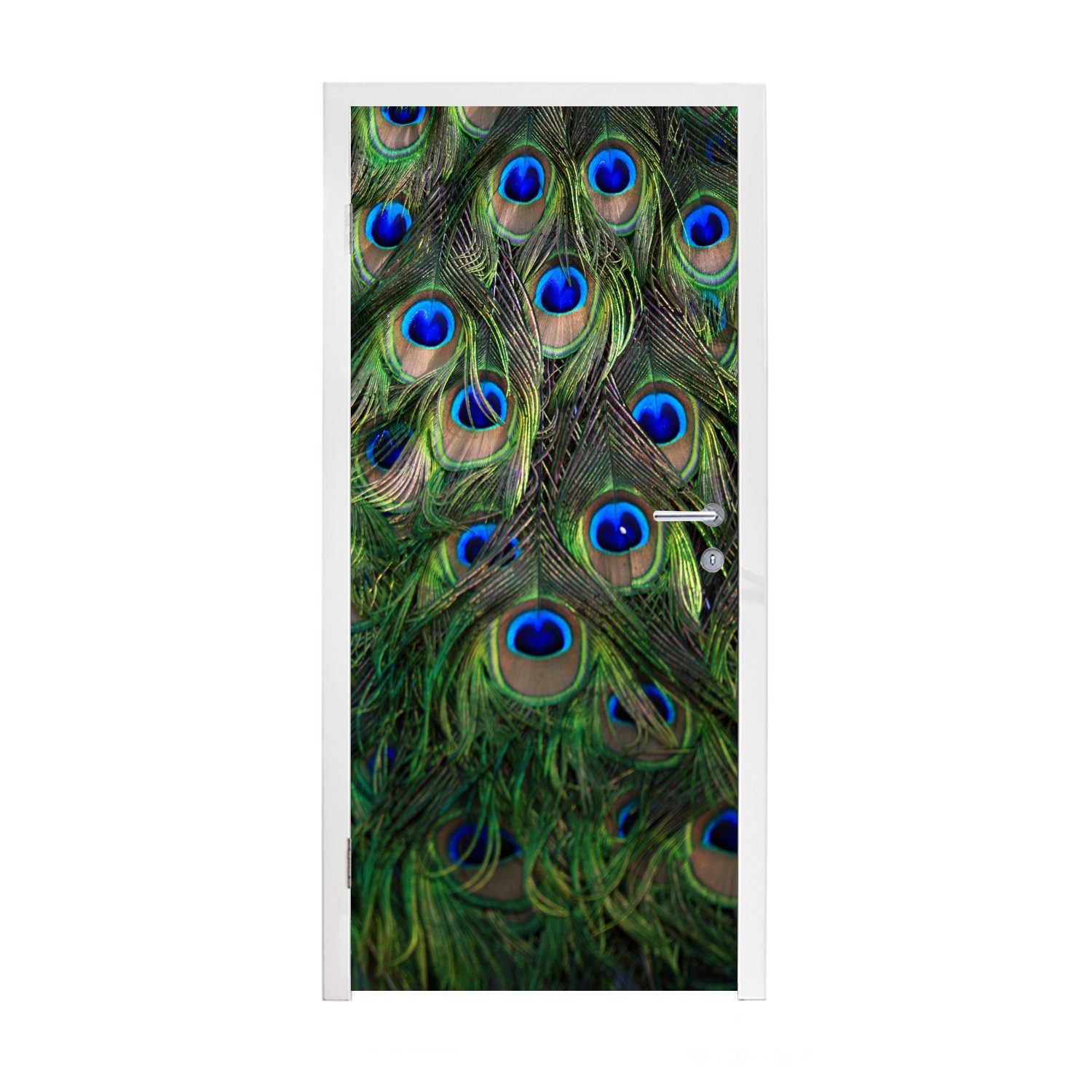 MuchoWow Türtapete Pfau - Federn - Augen - Blau, Matt, bedruckt, (1 St), Fototapete für Tür, Türaufkleber, 75x205 cm
