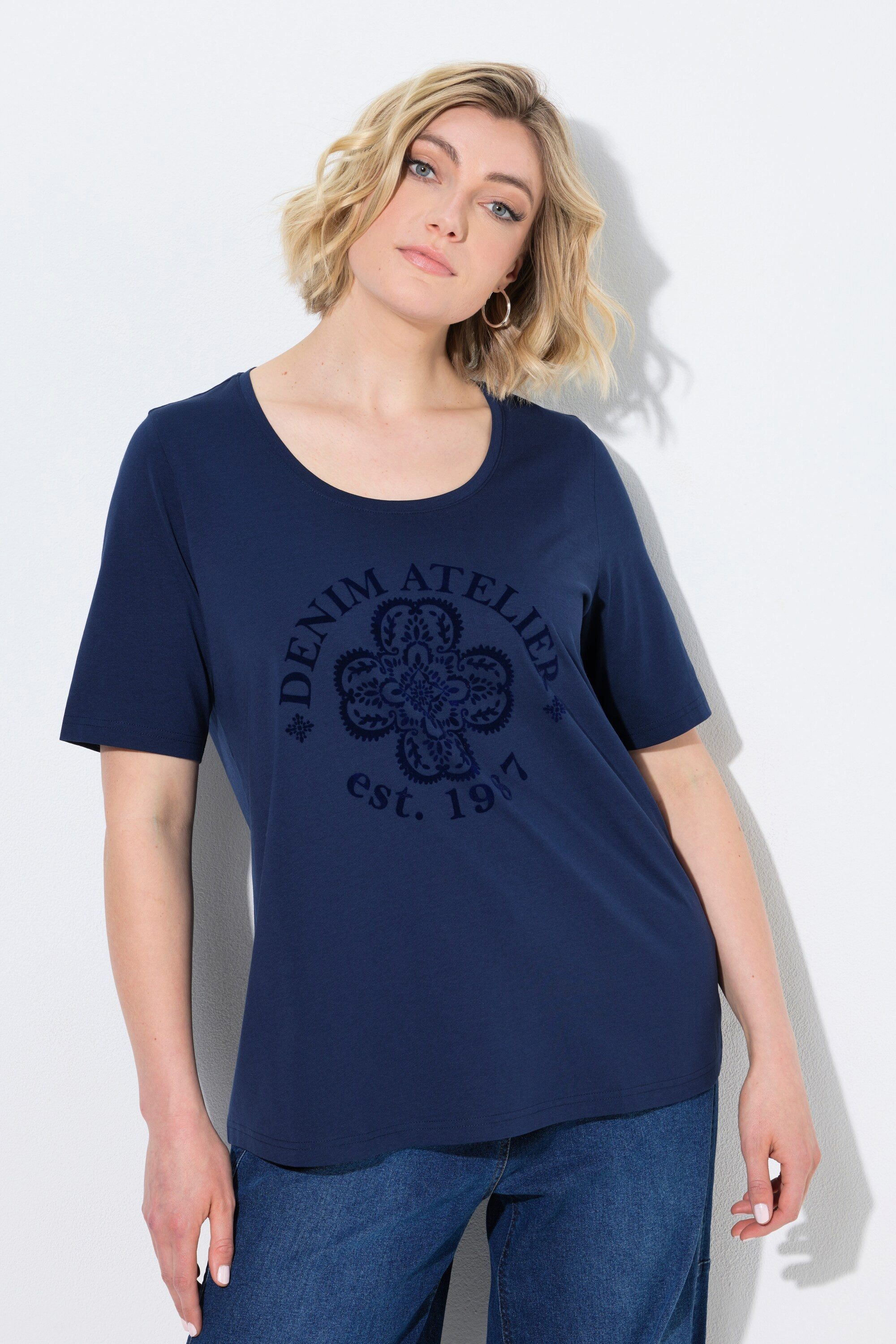 Ulla Popken T-Shirt T-Shirt Flockdruck Rundhalsausschnitt Halbarm