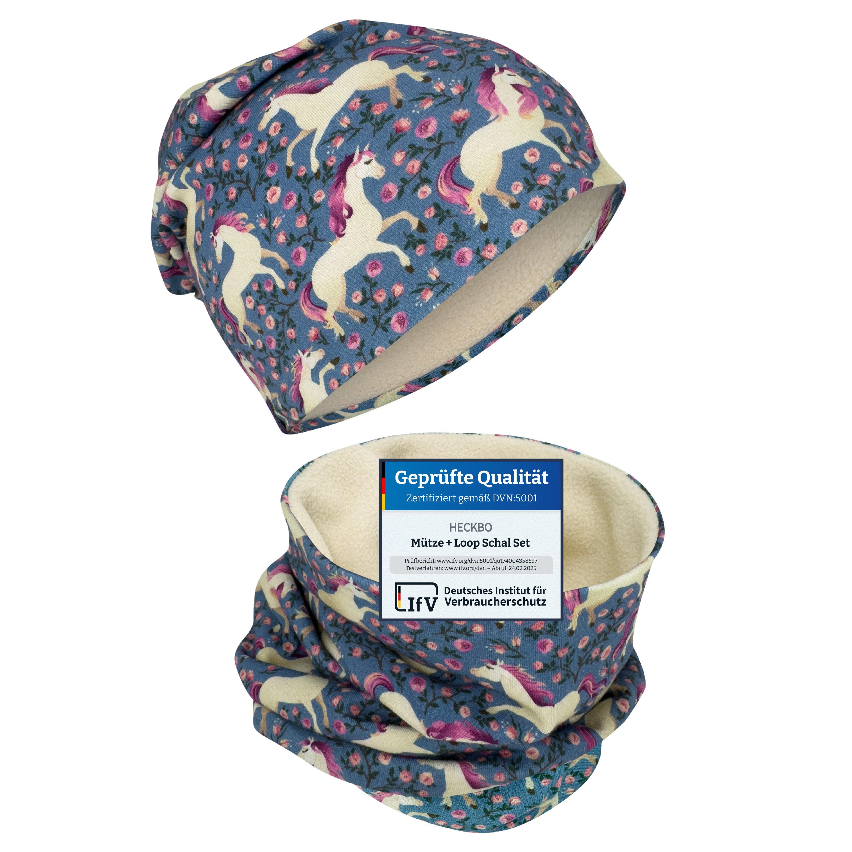 HECKBO Beanie HECKBO Kinder Mädchen Jungen Beanie Mütze & Loop-Schal Set