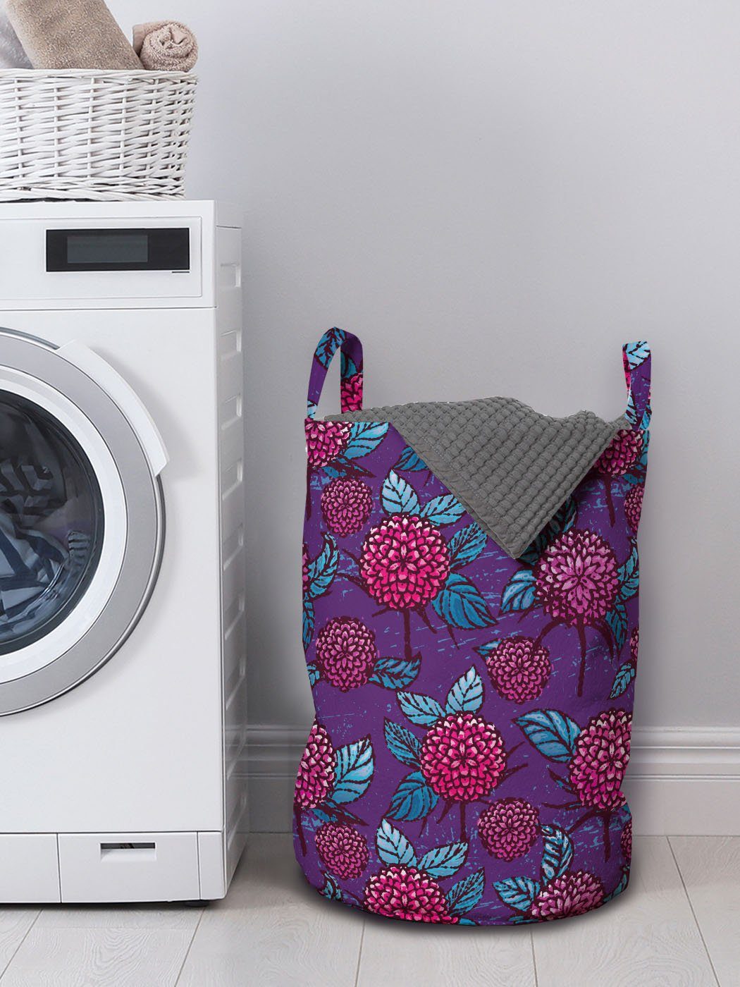 Waschsalons, Kordelzugverschluss Wäschesäckchen Handgezeichnete Jahrgang Wäschekorb Griffen für Abakuhaus mit Chrysanthemen