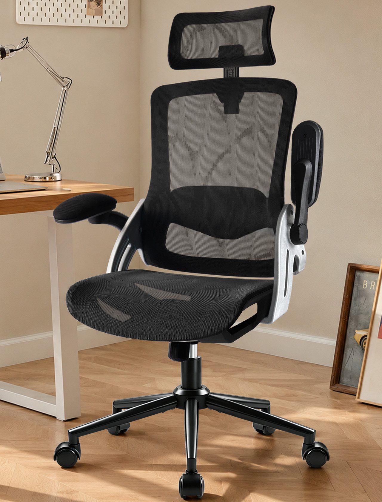 Hoolamyie Bürostuhl Ergonomischer Drehstuhl mit Kopfstütze, 4D Lordosenstütze & Armlehnen (Homeoffice Stuhl mit höhenverstellbarem Sitz und leisen Rollen), 3D Armlehnen, atmungsaktive Mesh-Rückenlehne, Wippfunktion, bis 150 kg