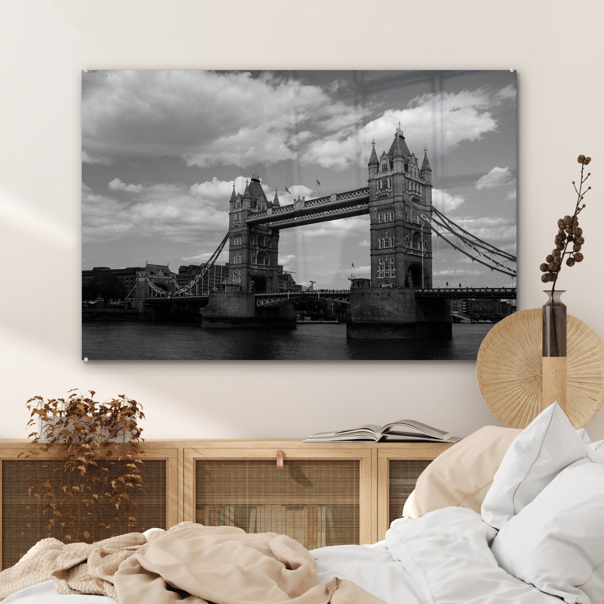 Schwarz-Weiß-Bild & der ikonischen (1 Acrylglasbilder Schlafzimmer St), MuchoWow Bridge London, Wohnzimmer in Acrylglasbild Tower