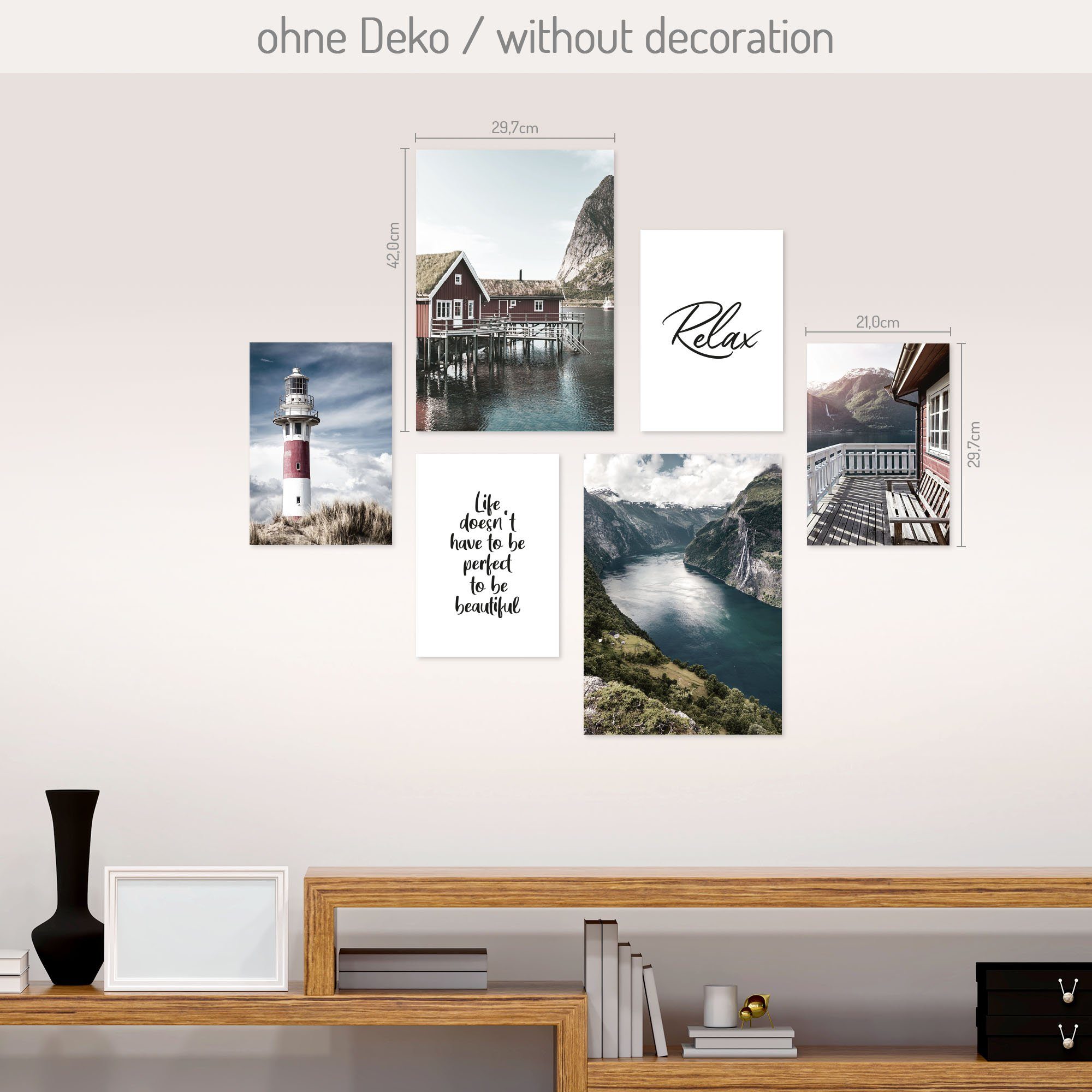Kreative Feder Poster, Norwegen, Leuchtturm, Küste, Meer, Spruch (Set, 6 St), 6-teiliges Poster-Set, Wandbild, Posterwand, optional mit Rahmen