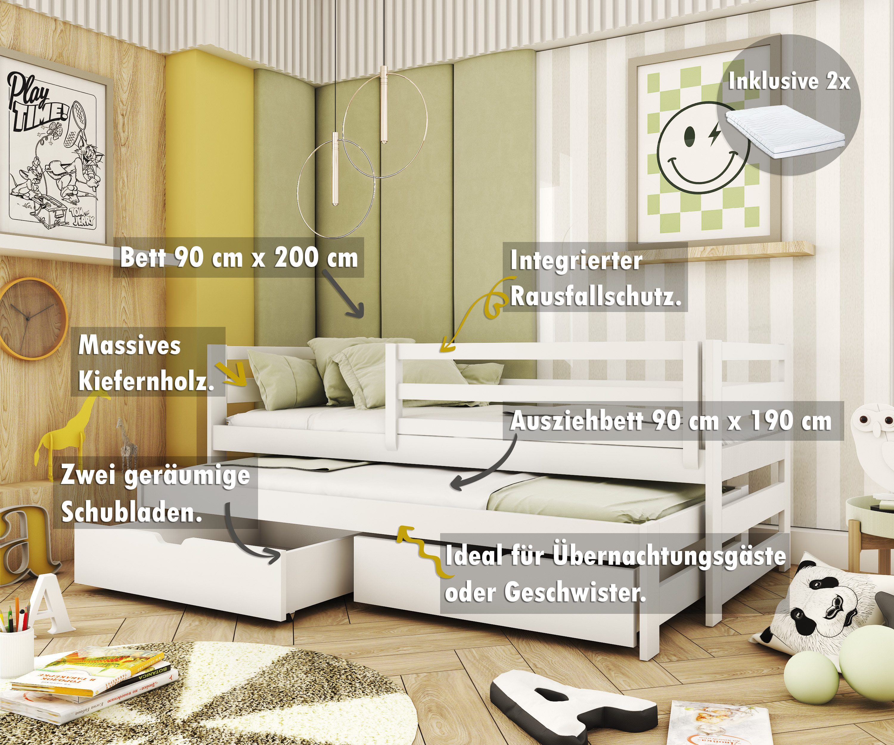 thematys Kinderbett mit Ausziehbett, in Weiß oder Natur mit Rausfallschutz günstig online kaufen