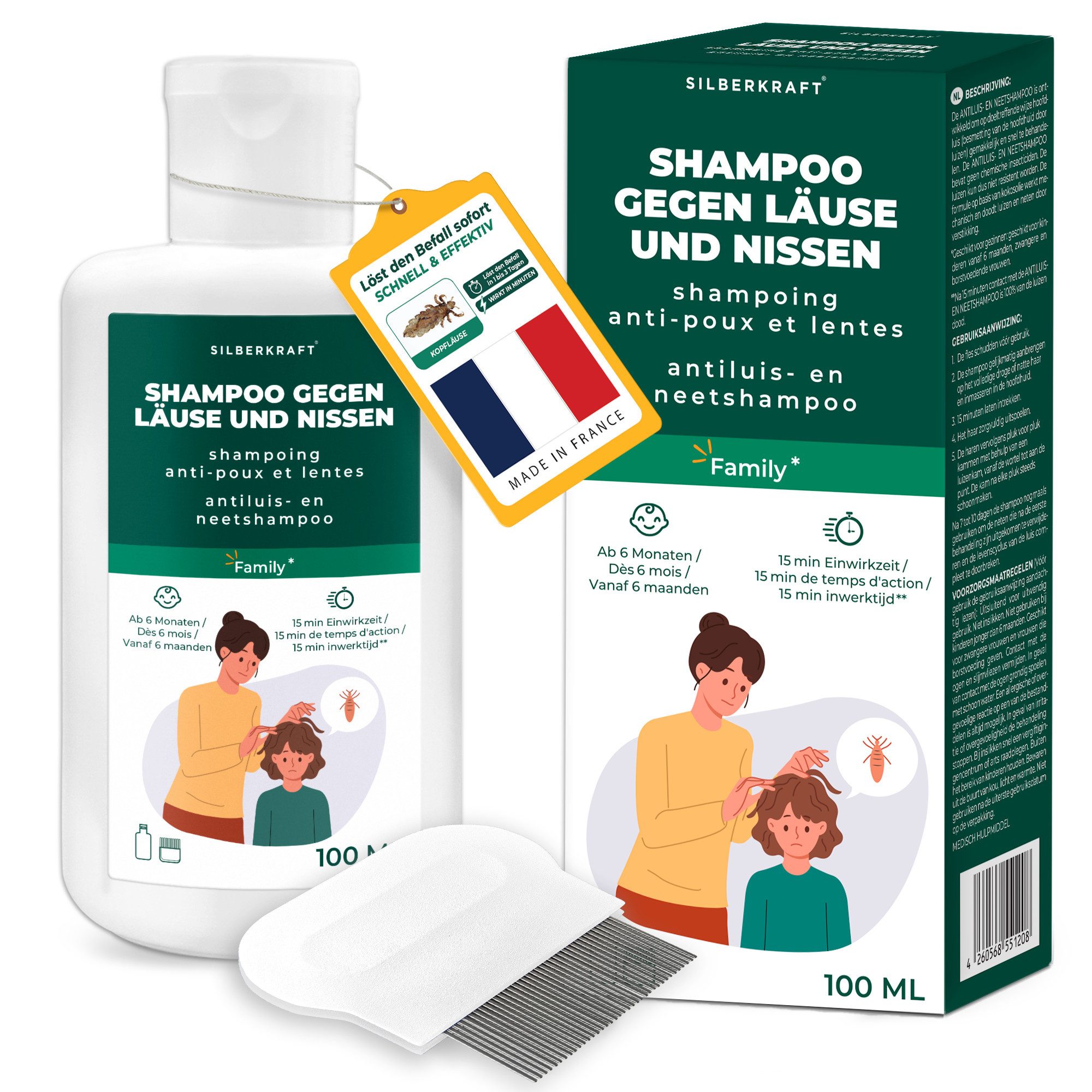 Silberkraft Kopfhaut-Pflegeshampoo Kopfläuse-Shampoo - Läuseshampoo für Kinder & Erwachsene, Geruchsneutral, Ohne Parabene, Parfüm- und Duftstoffe, Die hochwirksame 2-Phasen-Lösung gegen Kopfläuse, inkl. Nissenkamm - Nur 15 Min Einwirkzeit - für Kinder ab 1 Jahr