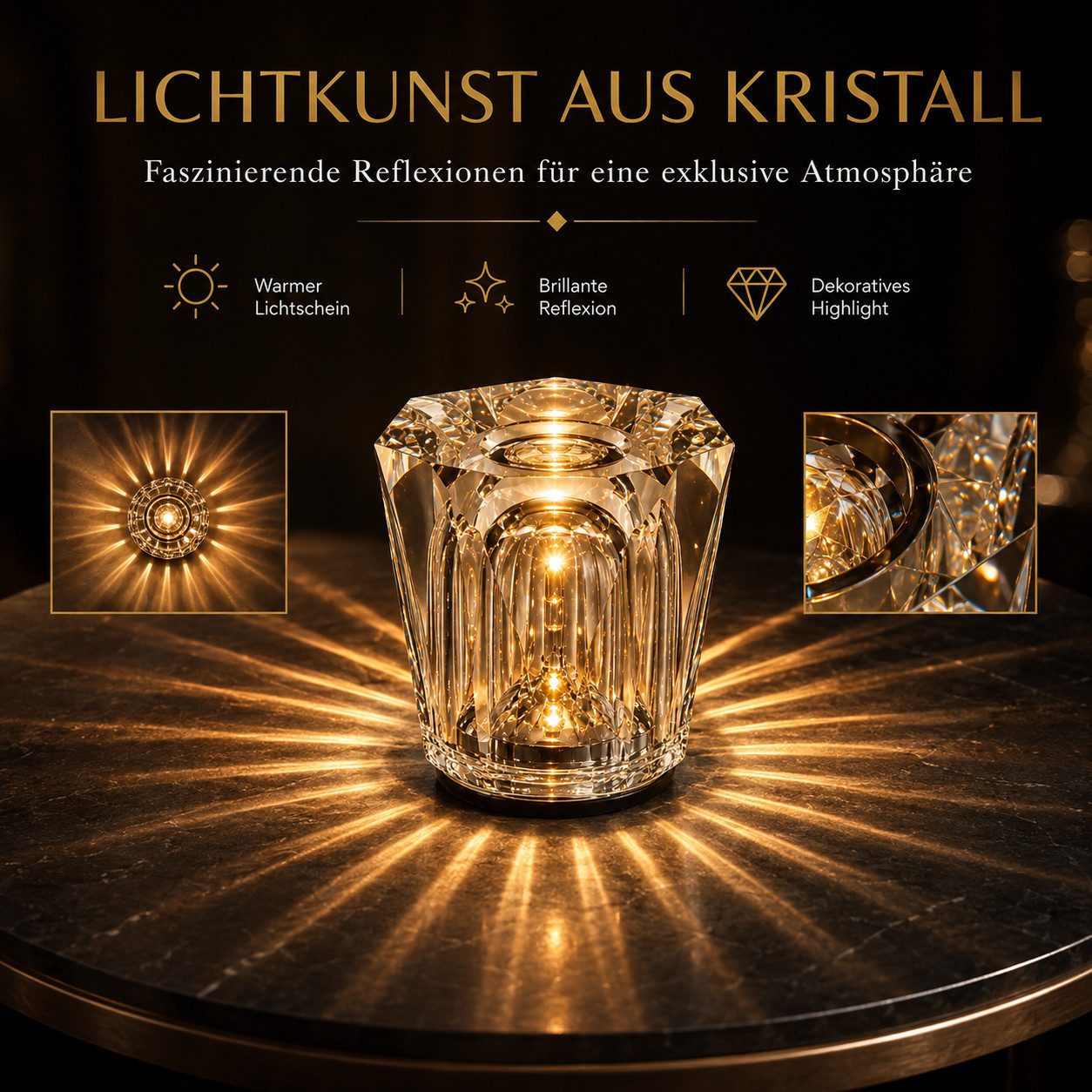 Luckice LED Nachttischlampe LED-Kristalllampe fürs Schlafzimmer,echte Kristall-Ambientelampe, wiederaufladbare Tischlampe, kabellose Mini-Leuchte mit drei Helli – Bild 3 von 5
