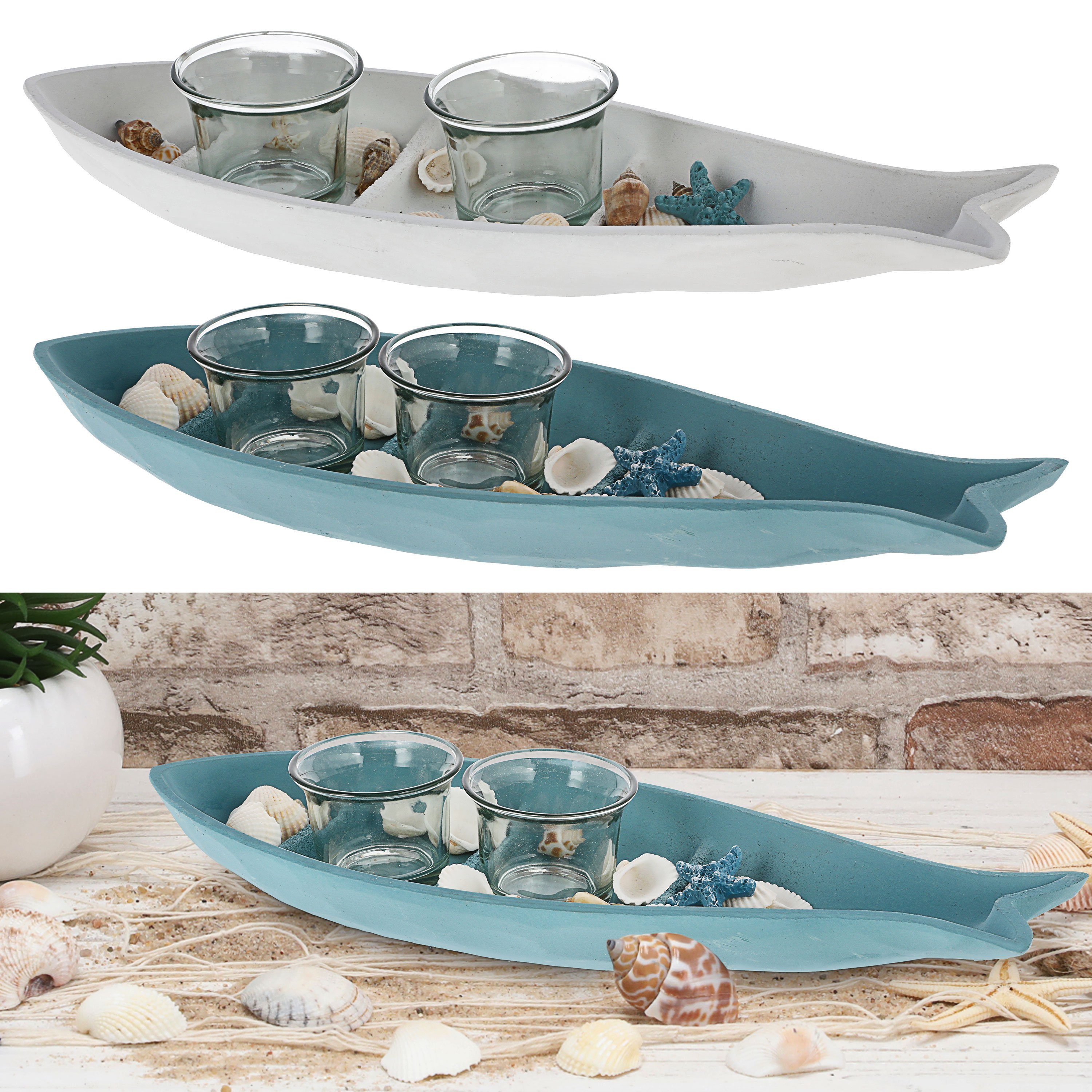 CEPEWA Dekotablett Tablett Fischform 2er Set Kerzenhalter MDF Glas weiß blau 34x12cm