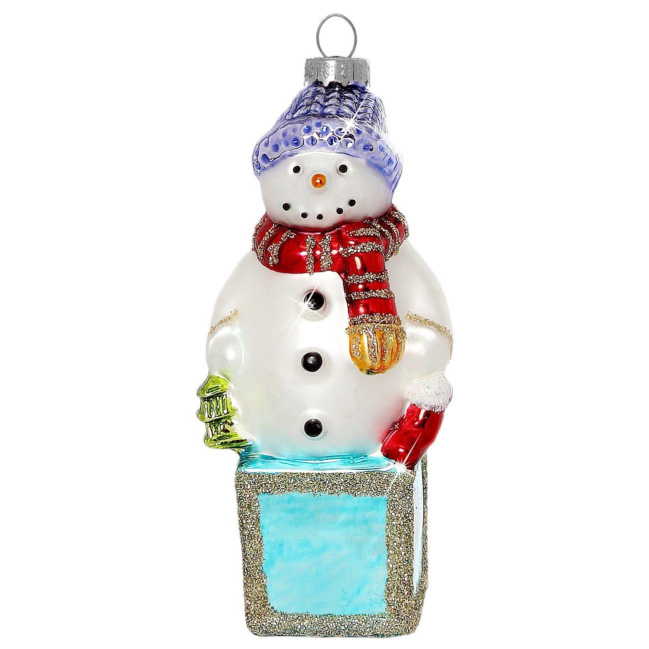 SIKORA Christbaumschmuck BS376 Schneemann auf Geschenk Glas Figur Weihnachtsbaum Anhänger