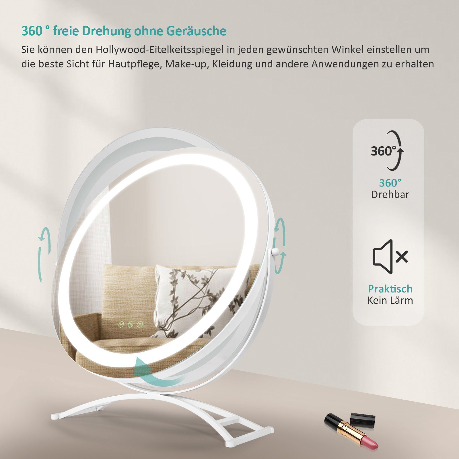 Dimmbar, Lichtfarben Schminkspiegel Beleuchtung Tischspiegel, mit LED Drehbar Kosmetikspiegel EMKE 3 mit Memory-Funktion, 360° Touch, Weiß Runder Kosmetikspiegel