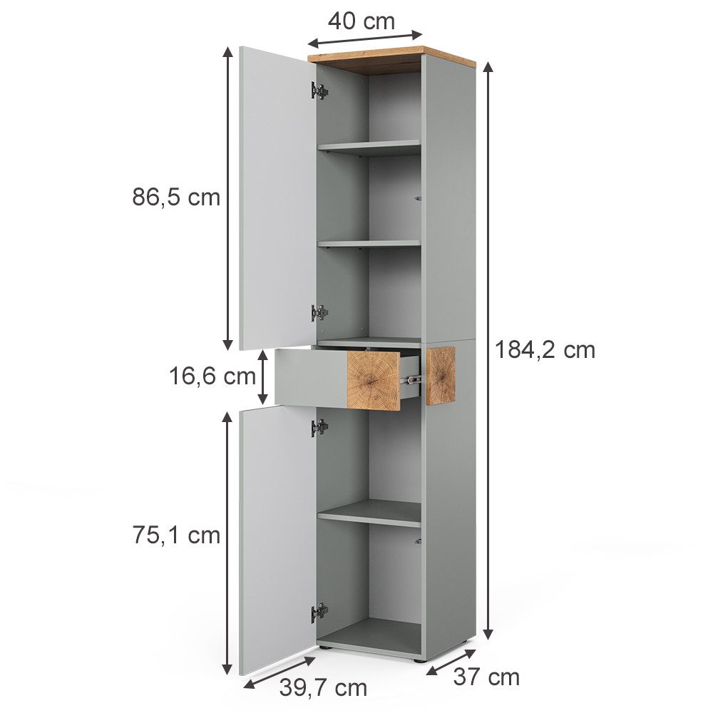 Vicco Hochschrank Eden, Grau/Artisan, 40 x 184.2 cm mit 2 Türen & 1 Schublade (1-St)