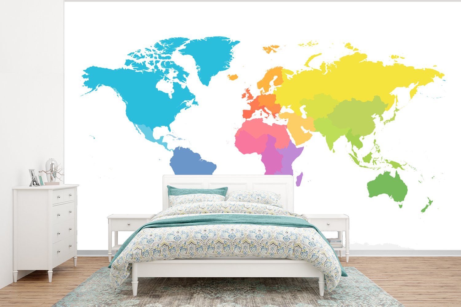 MuchoWow Fototapete Weltkarte - Regenbogen - Weiß, Matt, bedruckt, (6 St), Wallpaper für Wohnzimmer, Schlafzimmer, Kinderzimmer, Vinyl Tapete