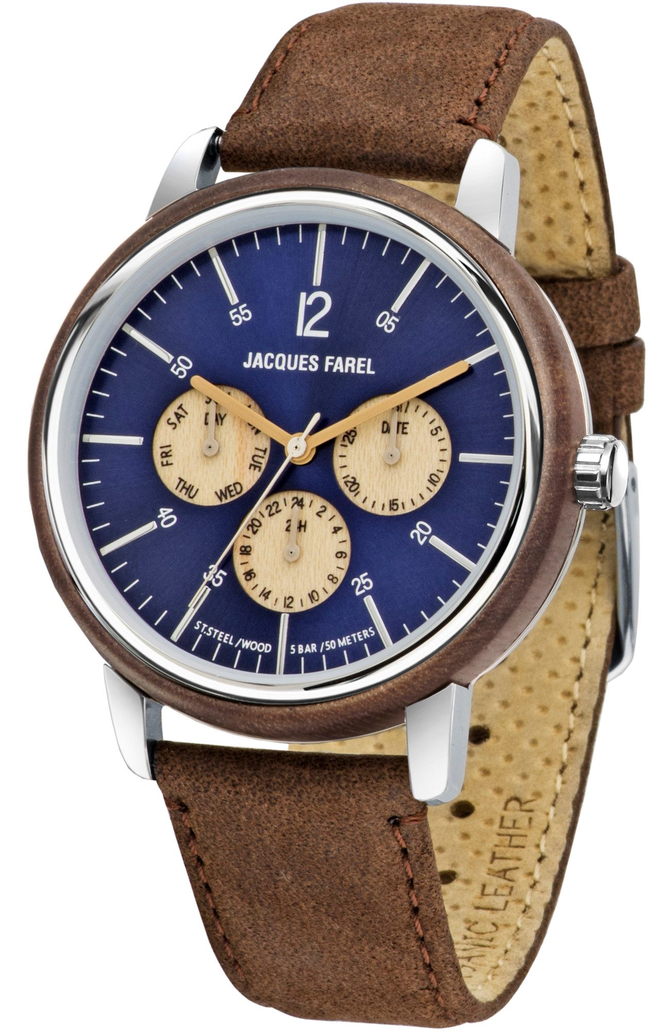 Jacques Farel Quarzuhr ORM2005 nachhaltige Herren Damen Armbanduhr Stahlgehäuse Holzring Lederband 5 bar, Analog Braun Blau Multifunktion Datum Wochentag 24h Ø42 mm