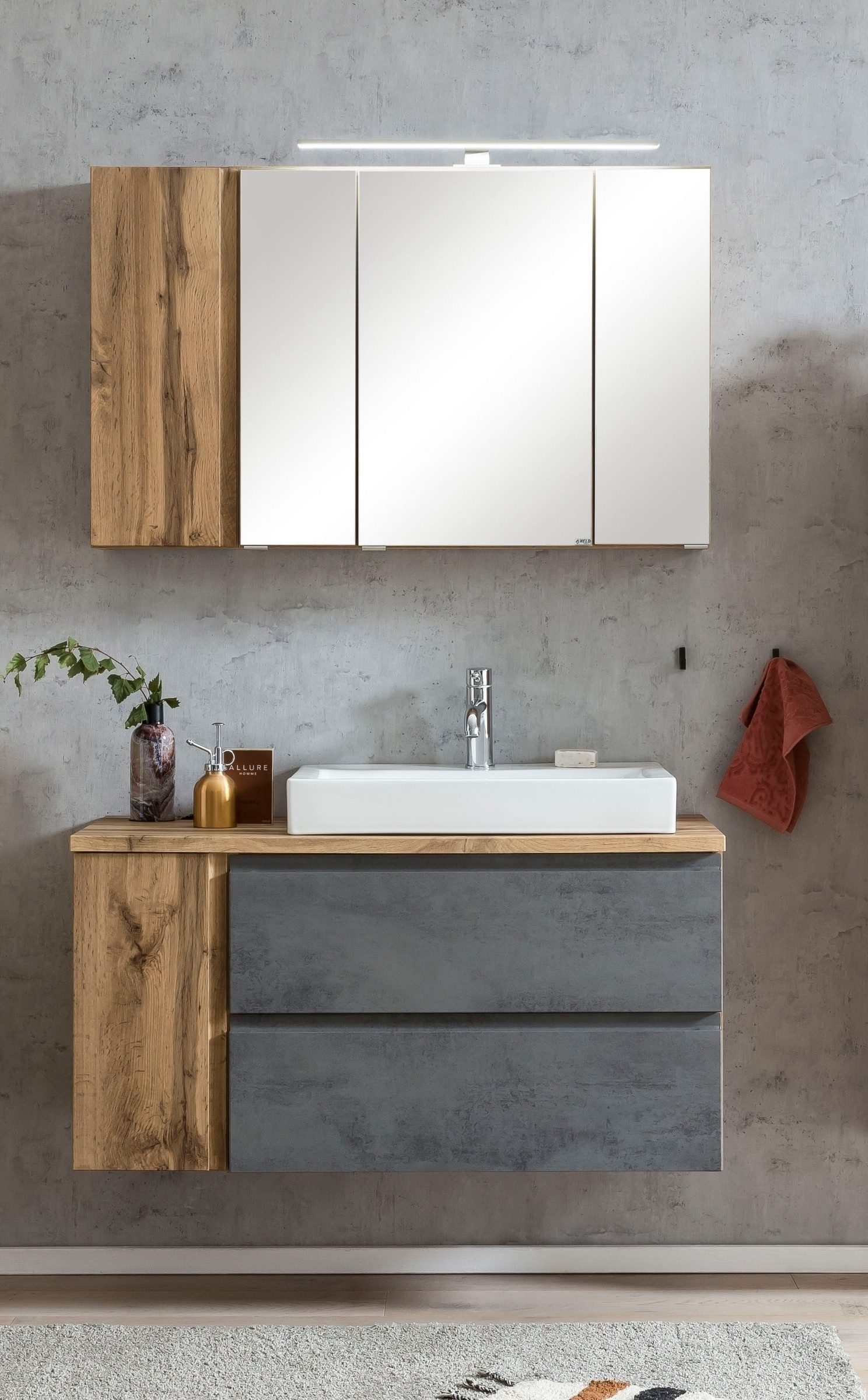 HELD MÖBEL Badmöbel-Set (2-tlg) in Betongrau / Wotaneiche - 105x195x47cm (BxHxT), (2-tlg)