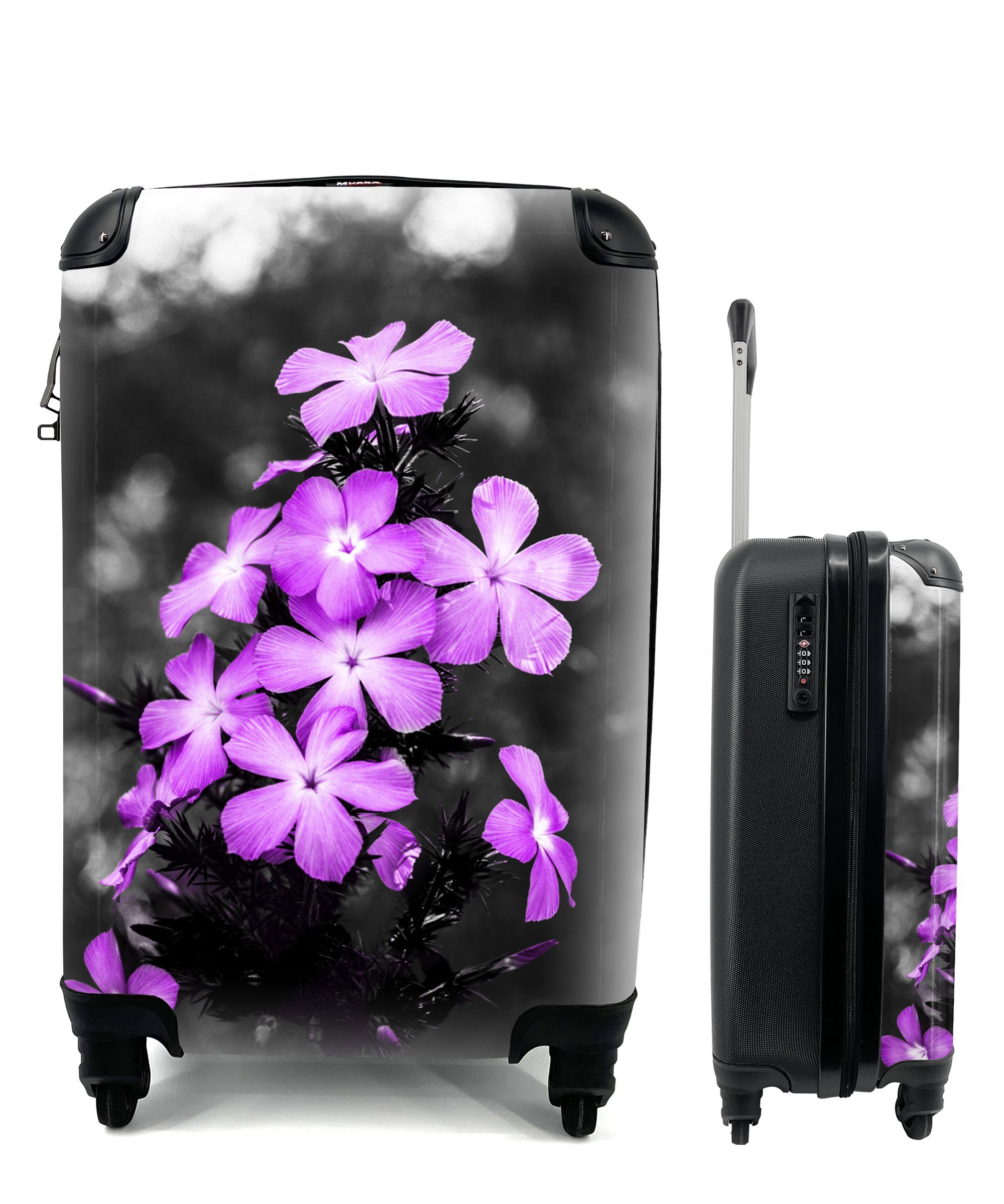 MuchoWow Handgepäckkoffer Blumen - Lila - Schwarz - Weiß, 4 Rollen, Reisetasche mit rollen, Handgepäck für Ferien, Trolley, Reisekoffer