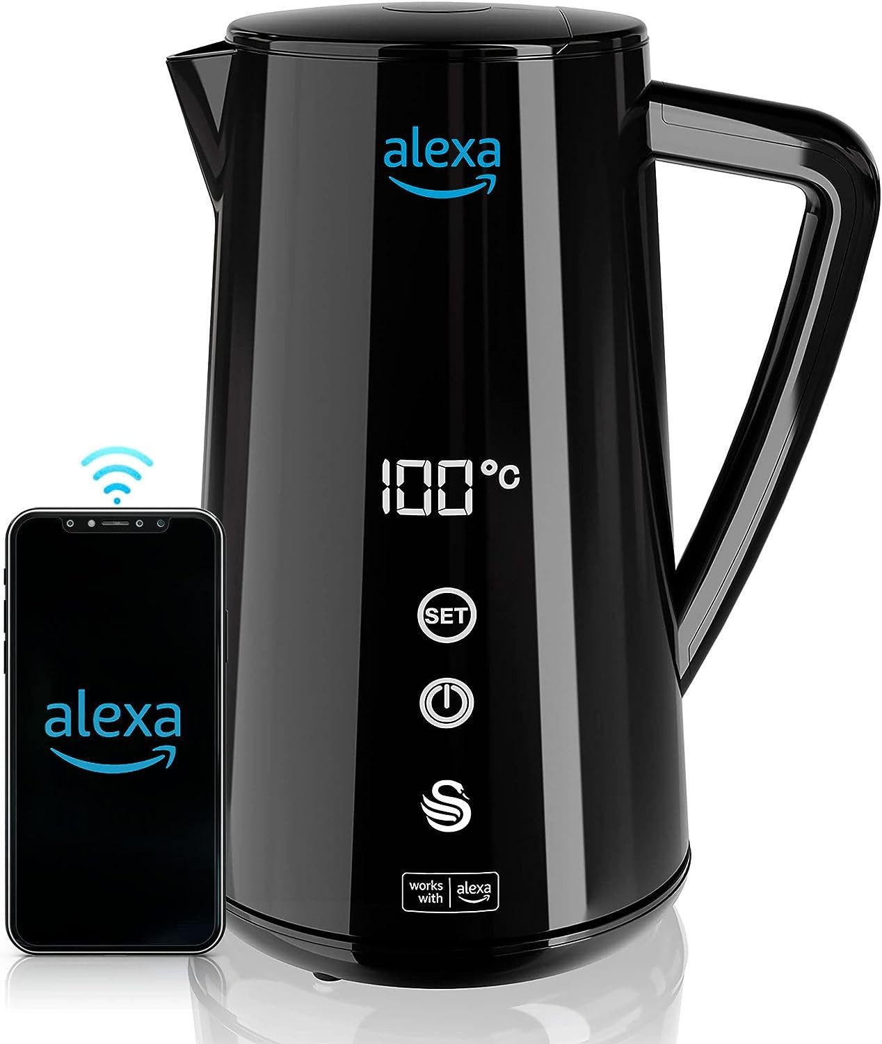 swan Wasserkocher Alexa Smart SK14650BLKNEU, 1.5 l, 1800,00 W, LED-Touchsreen, Cool Touch, App-Bedienung
