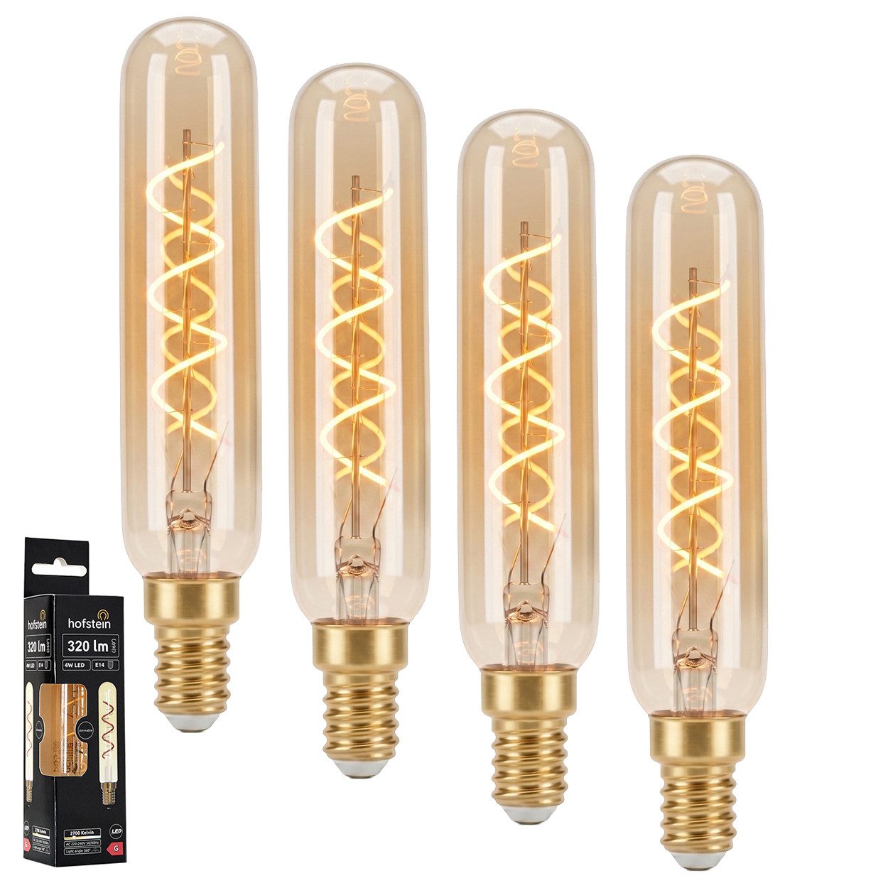 hofstein LED-Leuchtmittel 4er Set Glühbirne Warmweiß dimmbar 4 Watt, E14, 2700 Kelvin, 320 Lumen, Röhre Vintage, Filament Spirale, Amber