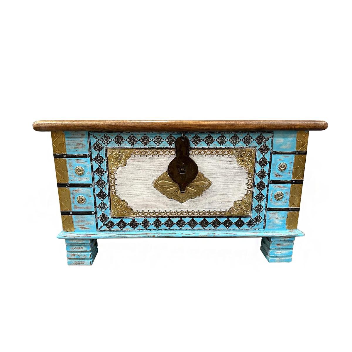 Oriental Galerie Truhe Indische Truhe Türkis 80cm (1 St), Beistelltisch, Holztruhe, Antik, Wäschetruhe, Möbeltruhe, Holzkiste