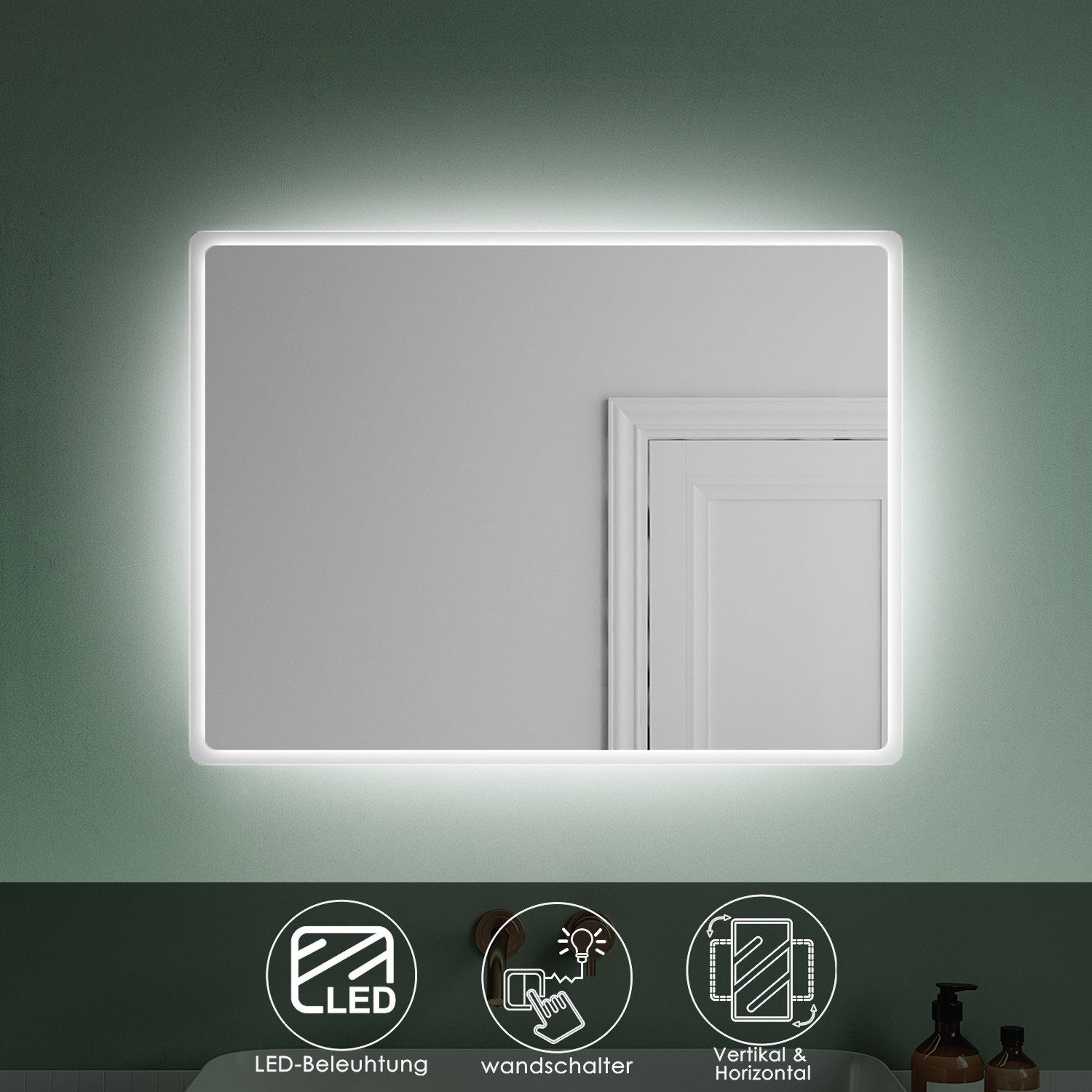 SONNI Badspiegel Badspiegel mit Beleuchtung 80 x 60 cm Wandspiegel Spiegel, Badezimmerspiegel kaltweiß IP44 Badezimmer Bad Spiegel