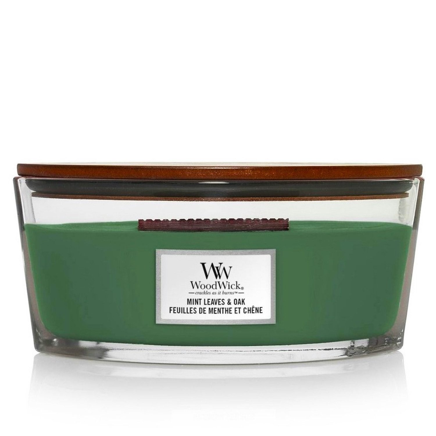 Woodwick Duftkerze Mint Leaves & Oak Ellipse im Glas mit Holzdeckel, 453g, Frische Minzblätter treffen auf geräucherte Eiche und Zypresse