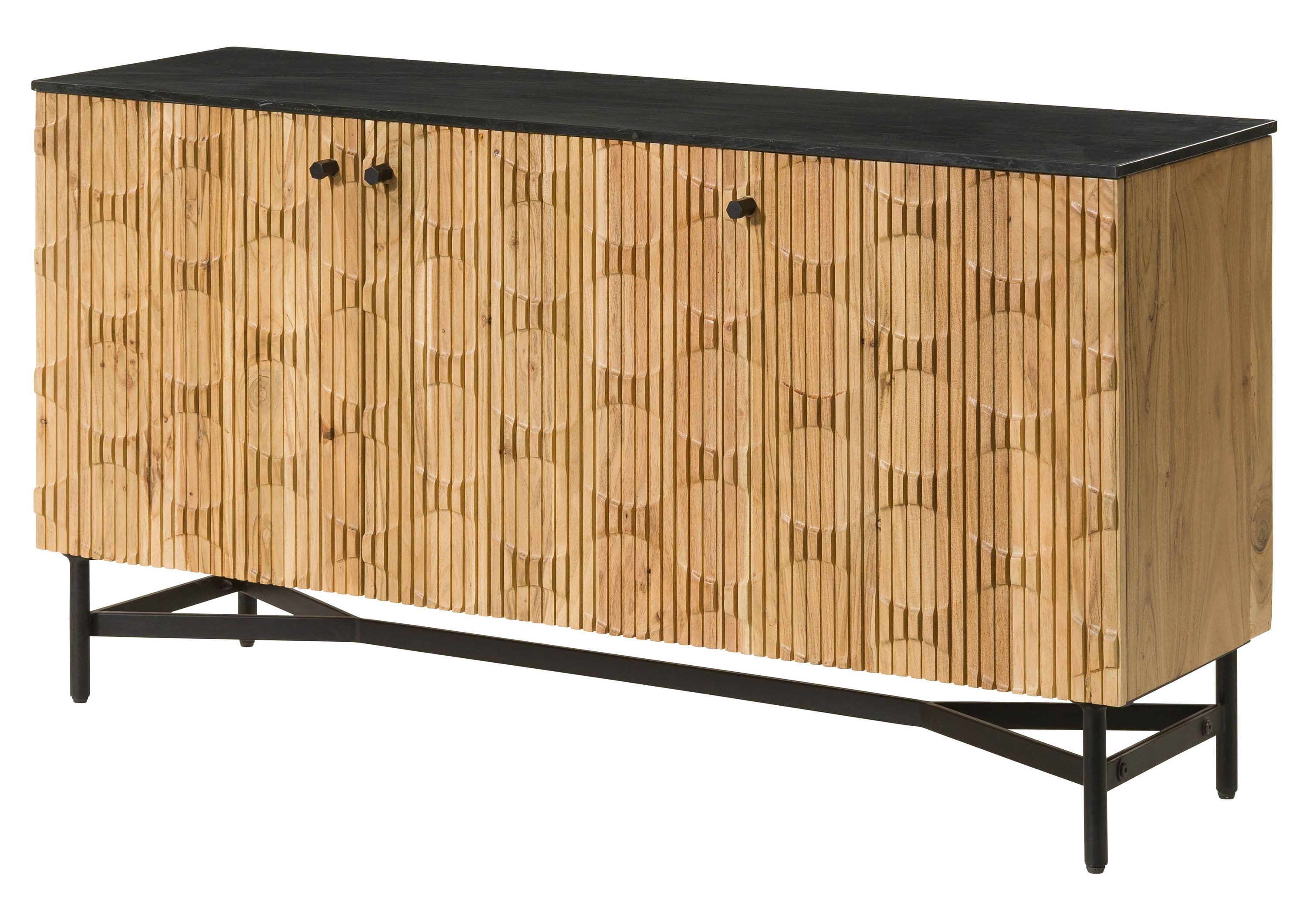 Massivmoebel24 Sideboard (Massivholz), Akazie 150x40x76 natur lackiert / Marmor schwarz LONDON #100