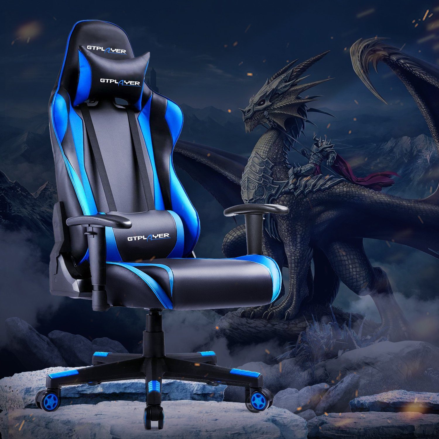GTPLAYER Gaming-Stuhl Bürostuhl Gaming Stuhl Gaming Sessel ergonomischer Gamer Stuhl, bis 150 kg belastbar, Neigungswinkel 90°-165° blau