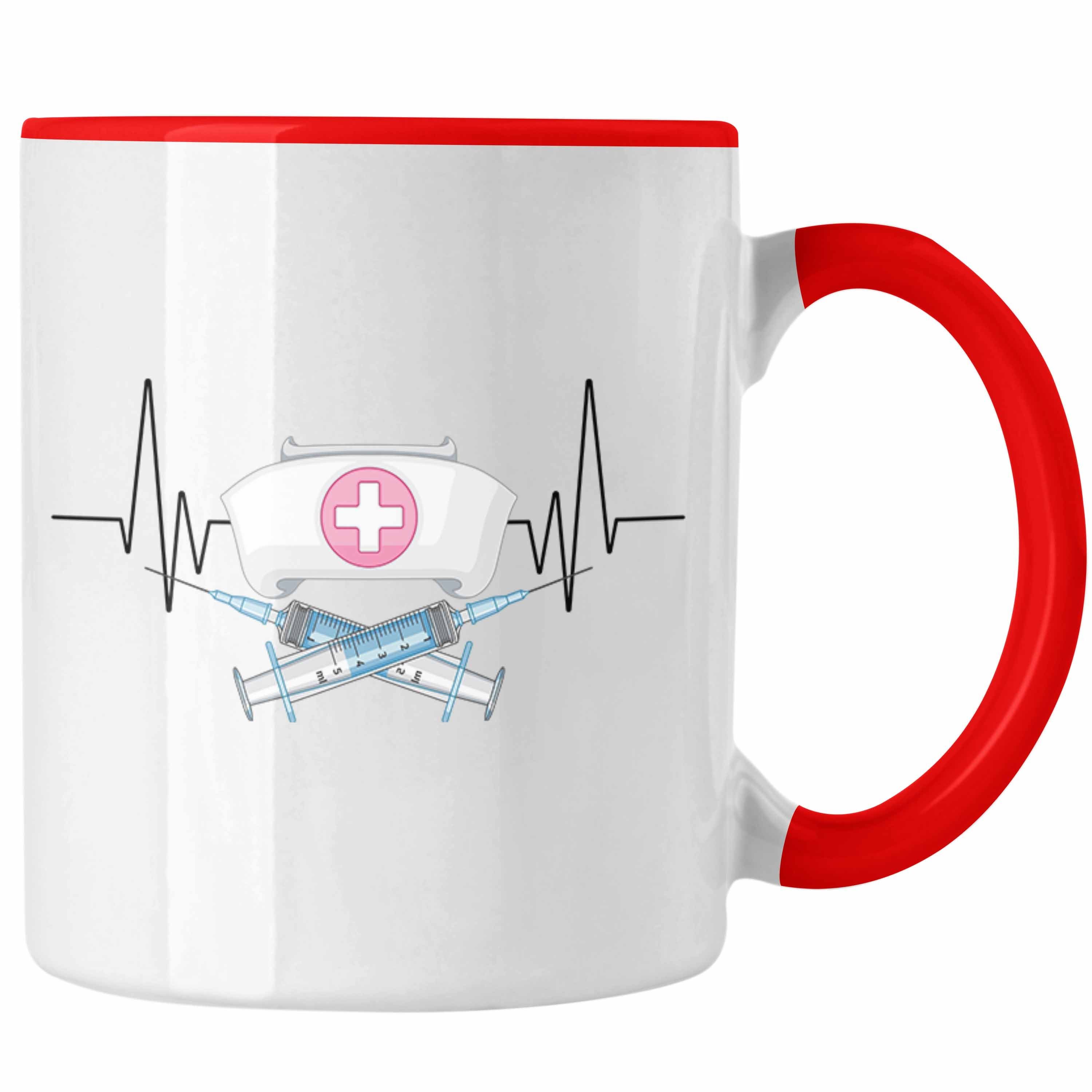 Trendation Tasse Trendation - Spritze Krankenschwester Herzschlag Tasse Geschenk für Är Rot