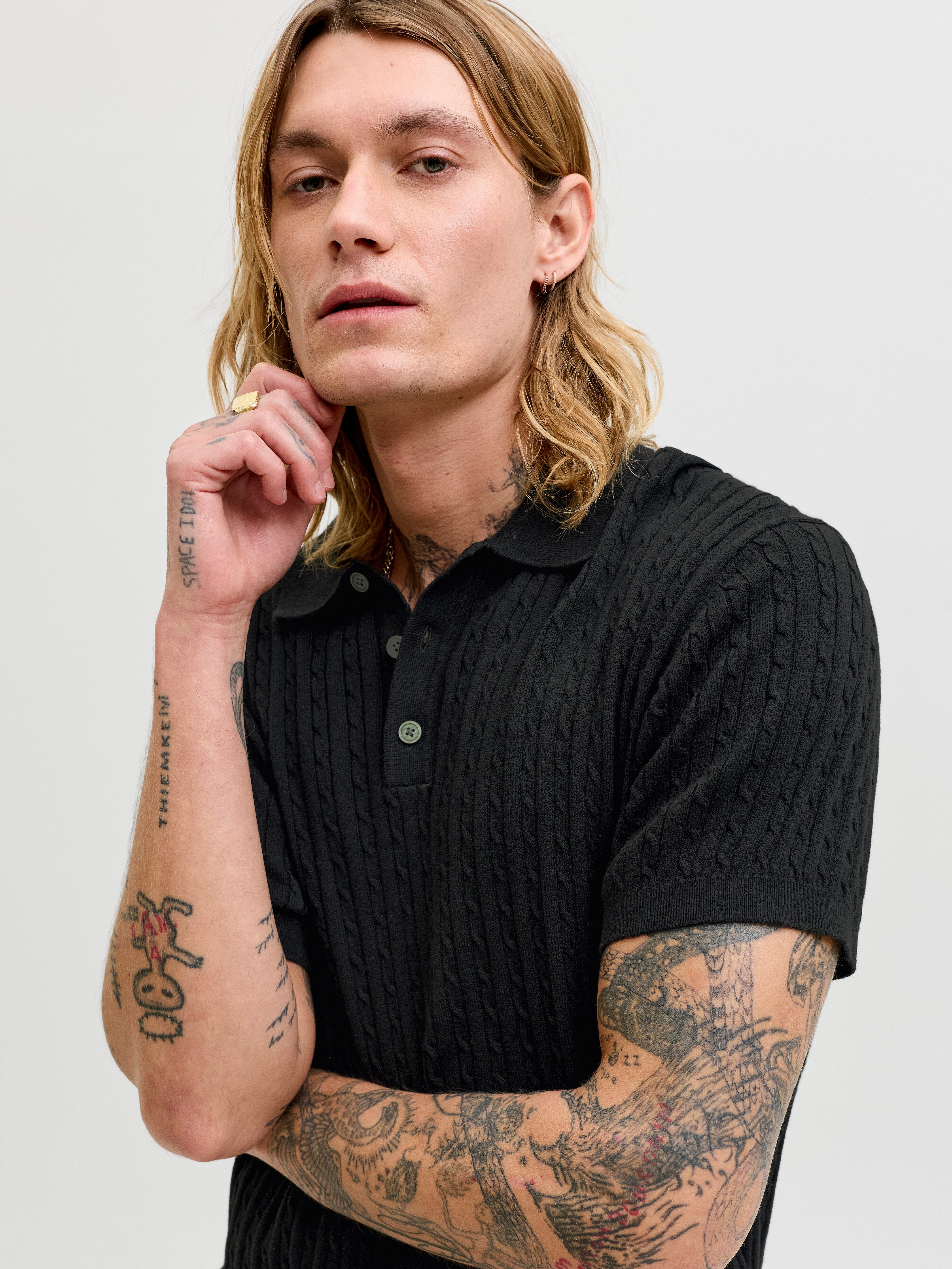 Jack & Jones Polokragenpullover JJEEMIL KNIT CABLE POLO SS LN mit Polokragen