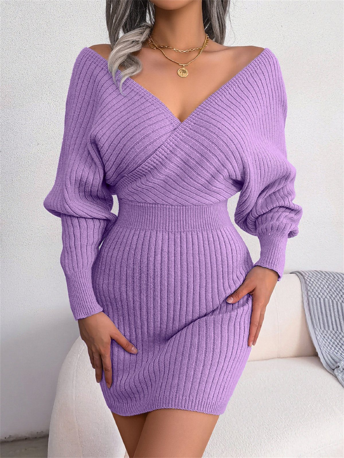 carefully selected Strickkleid Sexy Jersey mit und V-Ausschnitt Damen-Tunika-Pulloverkleid lila