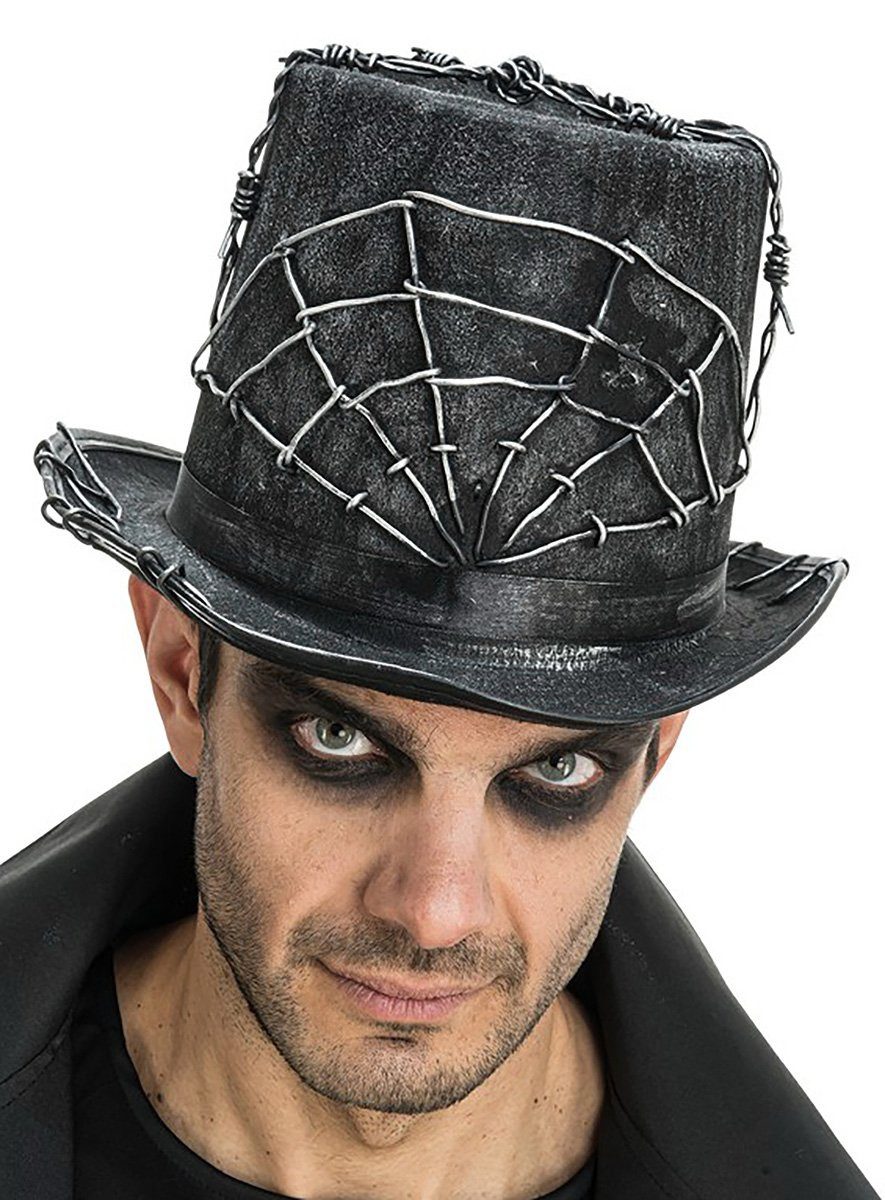 CHAKS Zauberer-Kostüm Stacheldraht Zylinder, Schroffer Halloweenhut mit Spinnweben aus Fake-Draht