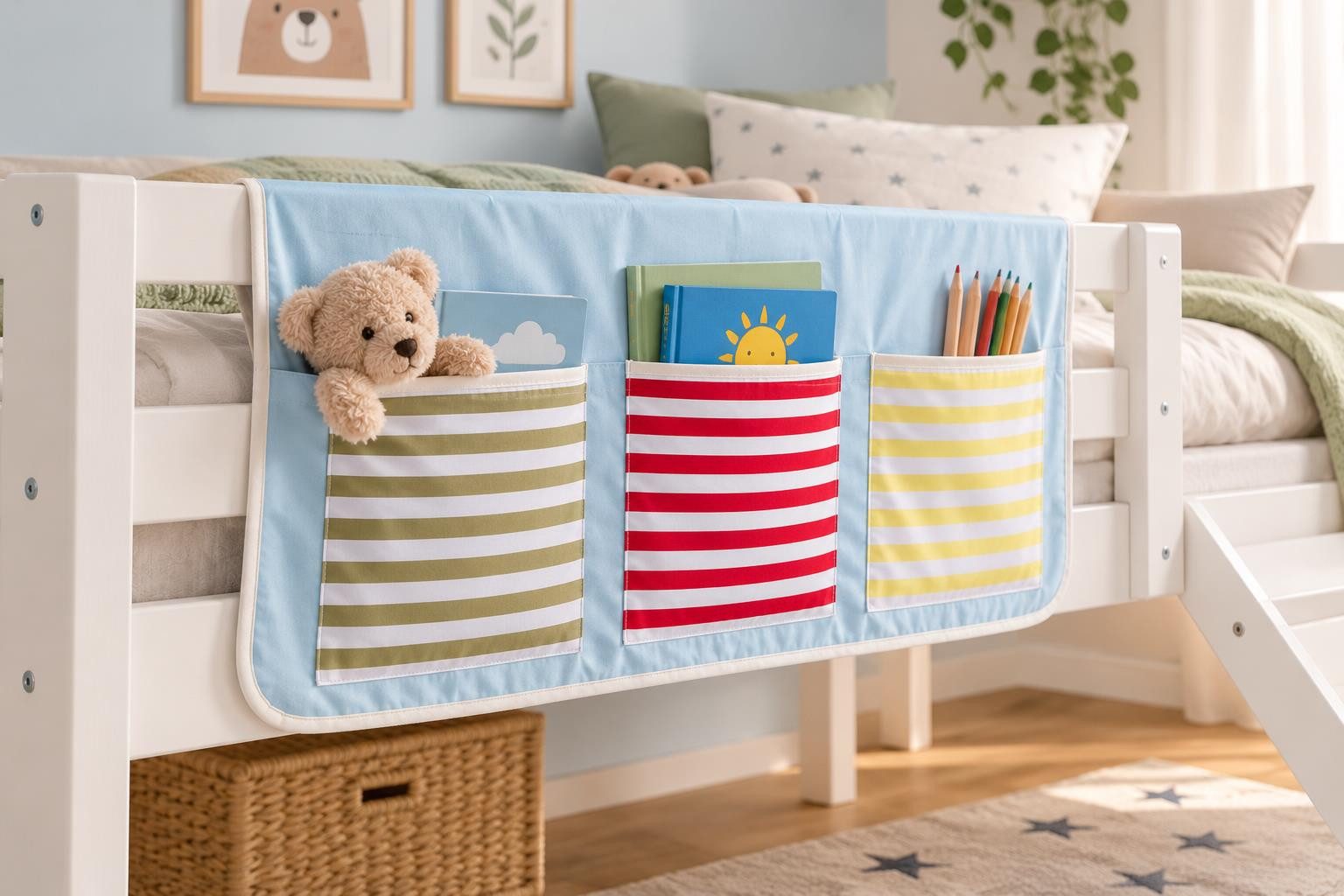 Homestyle4u Betttasche Hochbett Zubehör Bettzubehör Tasche Bunt Streifen Rosa Gelb Rot (1-tlg)