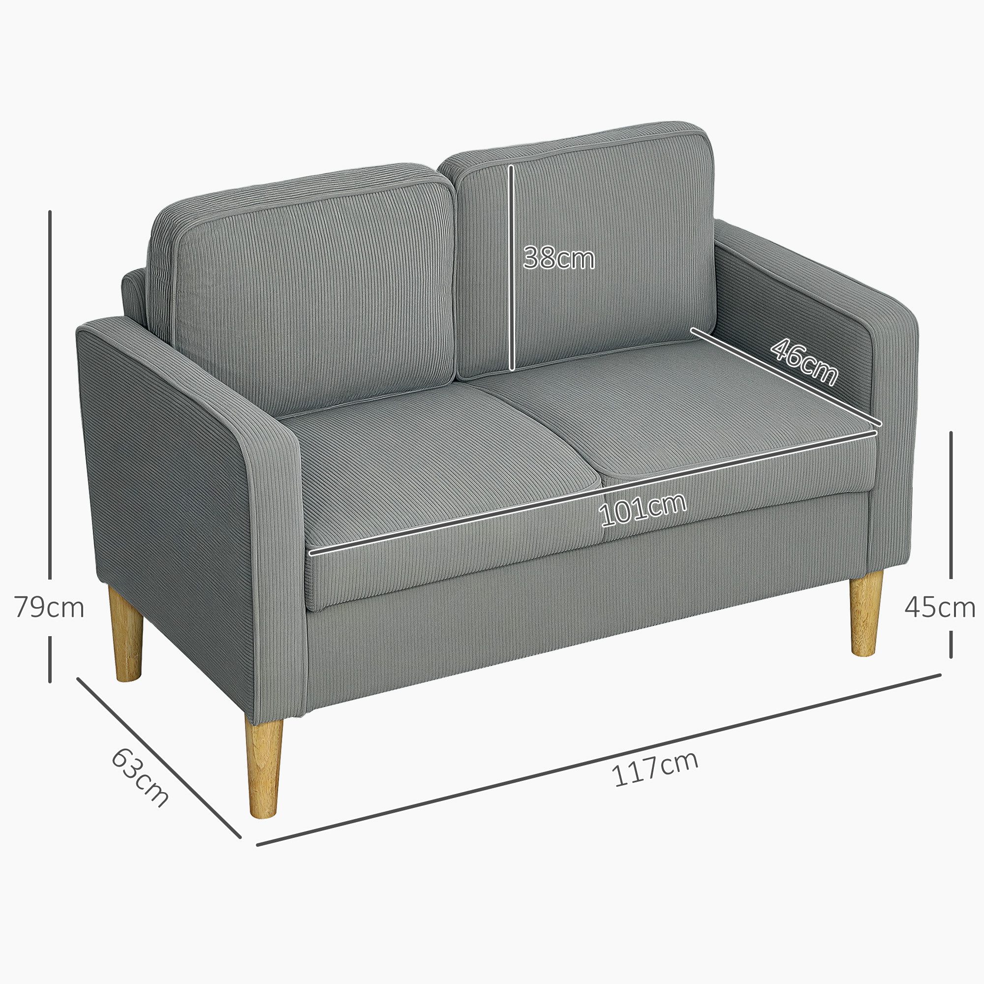 HOMCOM Loveseat Modern Polstersofa mit 2 Wurfkissen Stauraum Massivholzfüßen (Couch, 1-St., 2-Sitzer Sofa), aus Corduroy für Wohnzimmer, Schlafzimmer, Hellgrau 117 x 63 x 79 cm