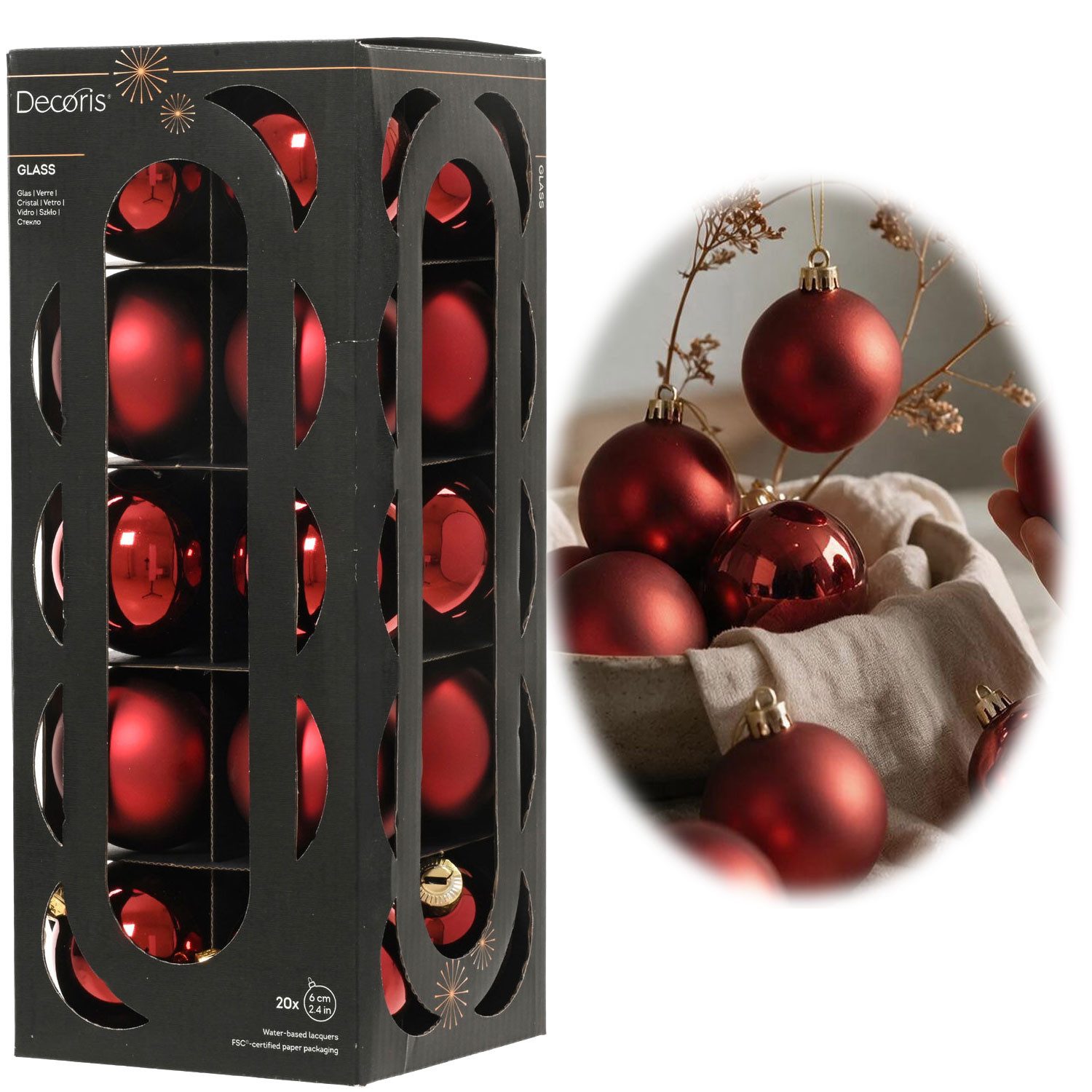 LS-LebenStil Weihnachtsbaumkugel 18-20 Design Glas Weihnachtskugeln 6cm Rot Ochsenblut Christbaum Deko (18 St), Edle Weihnachtsdeko Matt / Glänzend Weihnachtsbaumschmuck Deko Kugeln