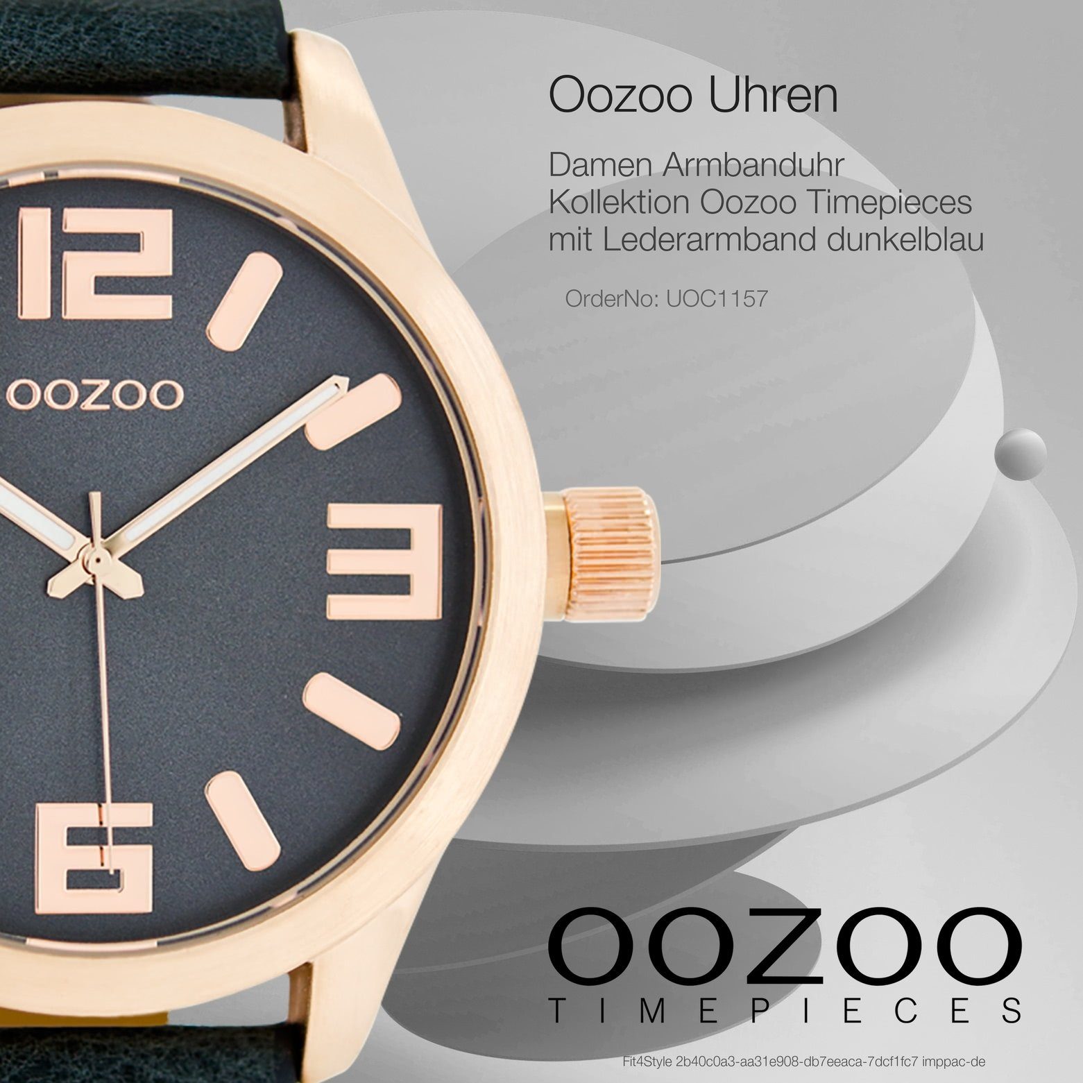 Damen Uhren OOZOO Quarzuhr UOC1157 Oozoo Damen Armbanduhr dunkelblau, Damenuhr rund, extra groß (ca. 46mm), Lederarmband, Fashio