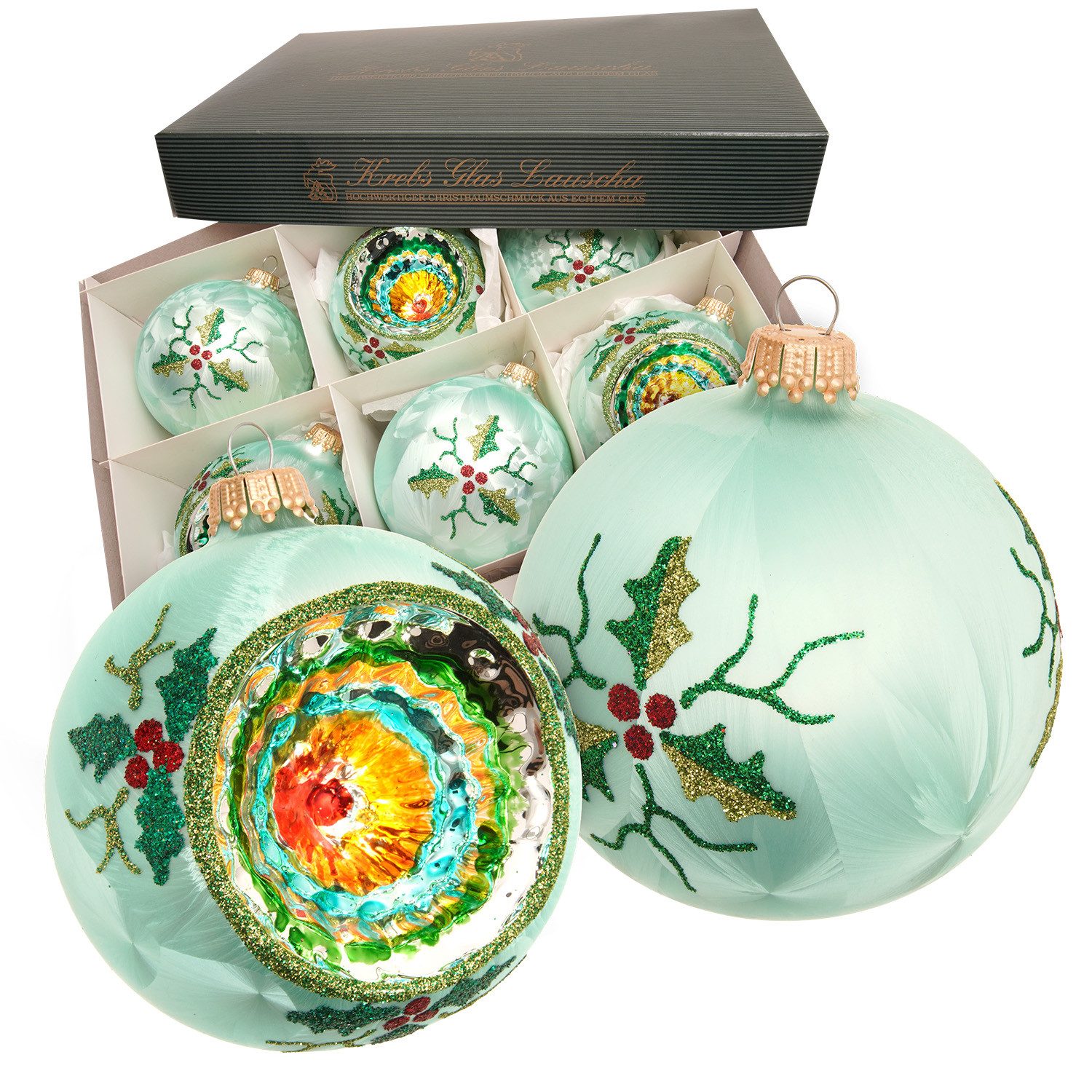 Krebs Glas Lauscha Weihnachtsbaumkugel Weihnachtskugel Reflex- und Kugelset Zoe grün 8cm, Dekoriert mit Liebe zum Detail