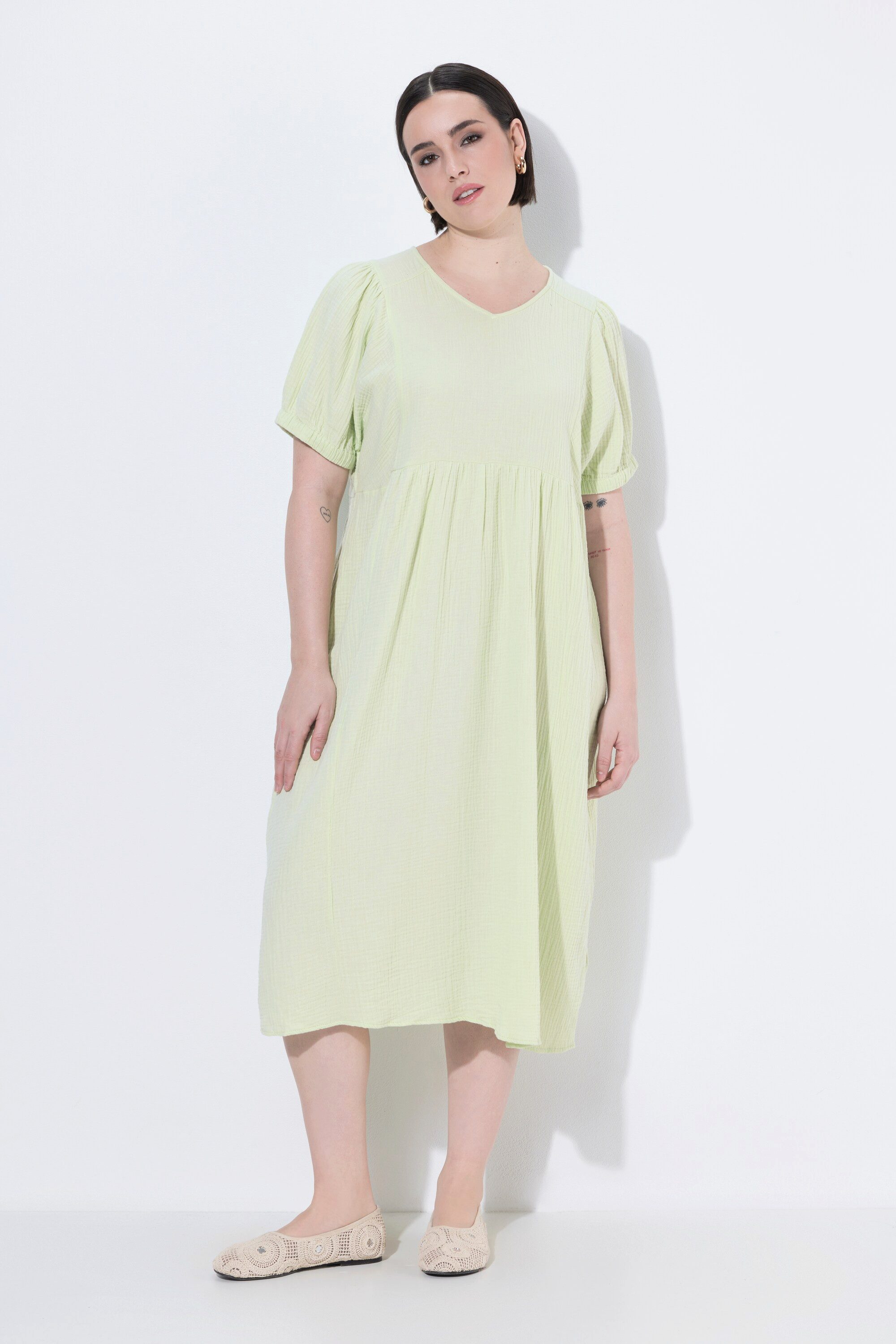 Ulla Popken Jerseykleid Musselin-Midikleid A-Linie V-Ausschnitt Halbarm