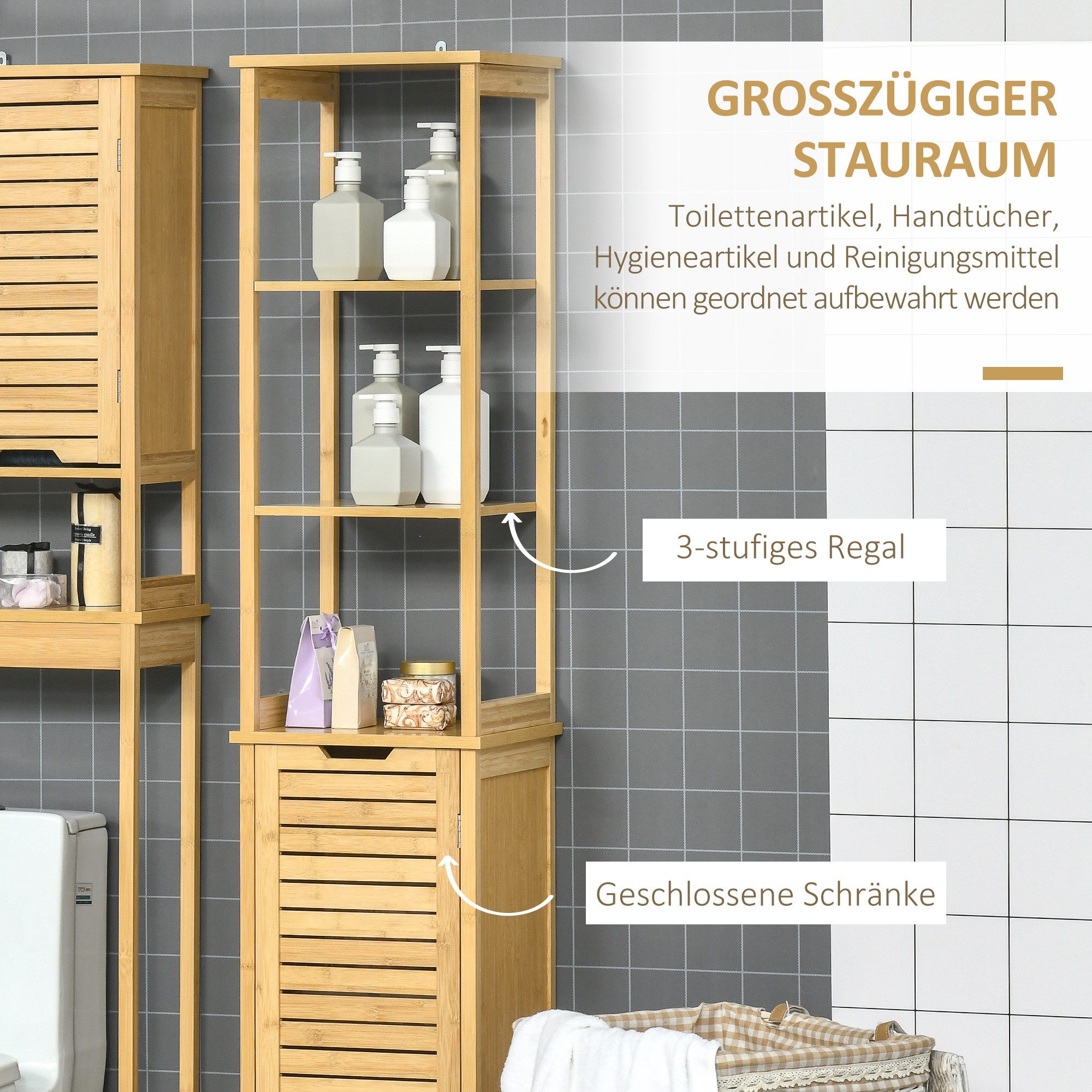 Kleankin Badkommode Badschrank Hochschrank mit 3 offenen Fächer und 1 Schrank, Bambus (Badmöbel, 1 St., Badezimmerschrank), Natur 34 x 30 x 173 cm – Bild 5 von 5