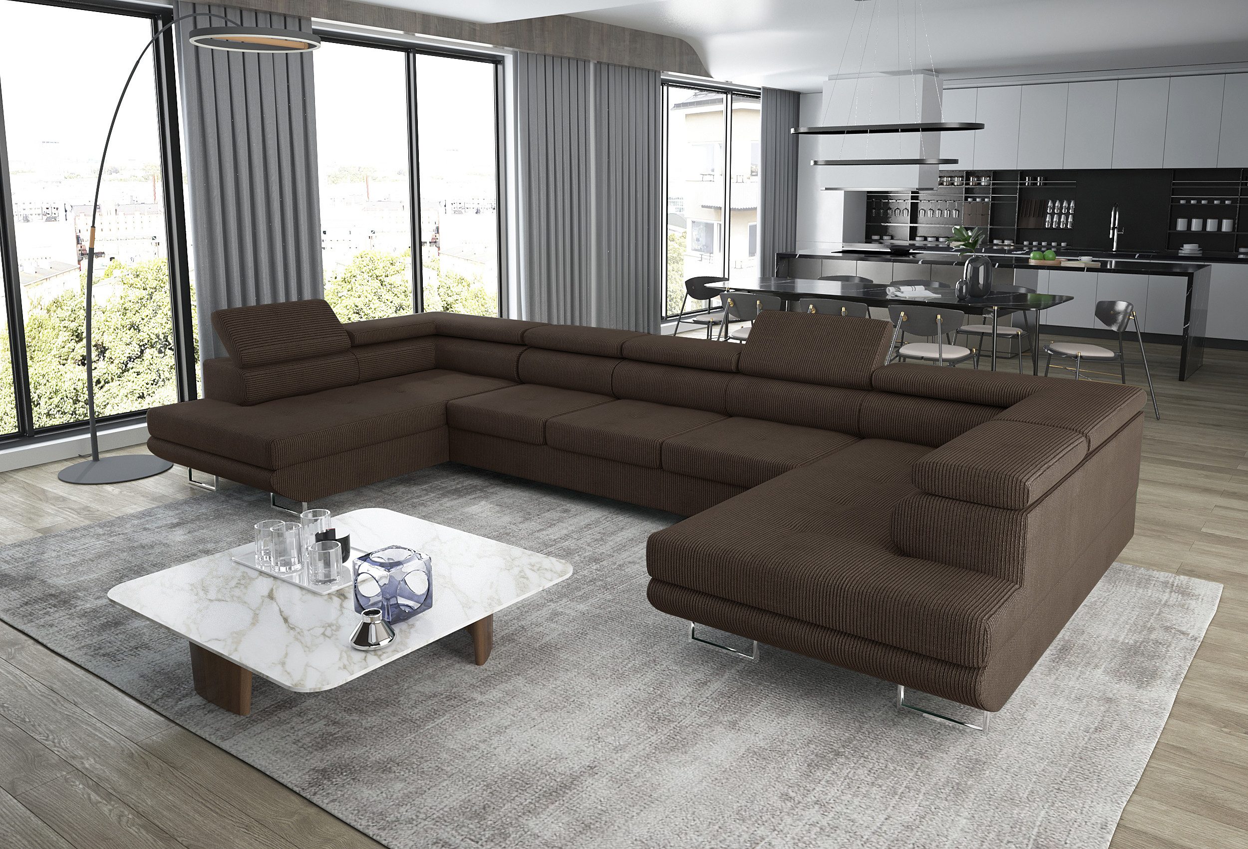 thematys Ecksofa Aston U 403 x 203cm mit Schlaffunktion & Bettkasten –, U-Sofa mit verstellbaren Kopfstützen, Samt (Monolotith), oder Cord (Poso), - U-Form, XL-Wohnlandschaft, 390 cm breit