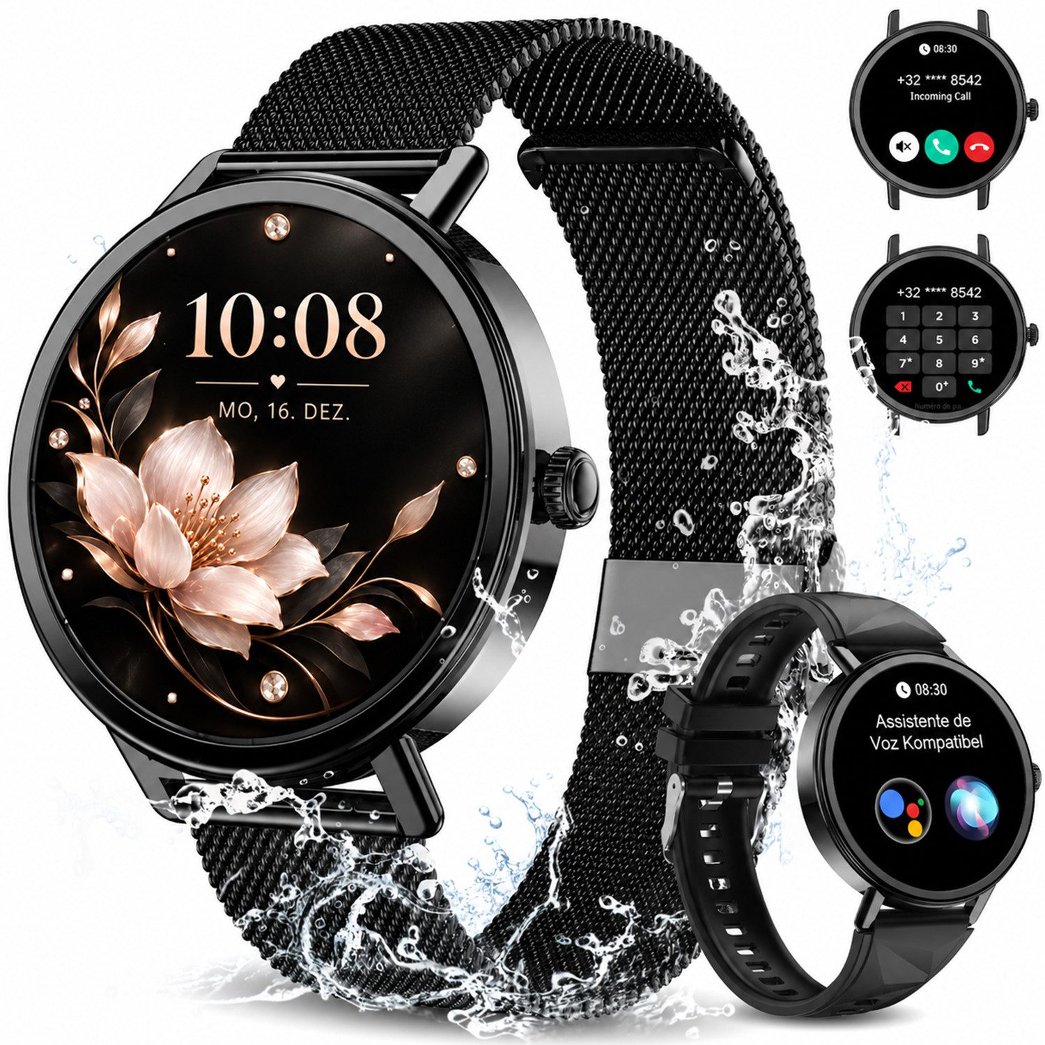 blackview Smartwatch X30 1,26″ für Damen mit Telefonfunktion undFitness-Tracking Smartwatch (4 cm/1.26 Zoll, iOS/Android) Set, mit Wechselband aus weichemSilikon und Ladekabel, 5 Tage Akkulaufzeit/2 Armbänder/HF&SpO₂& Blutdruck/100+ Sportmodi,IP68