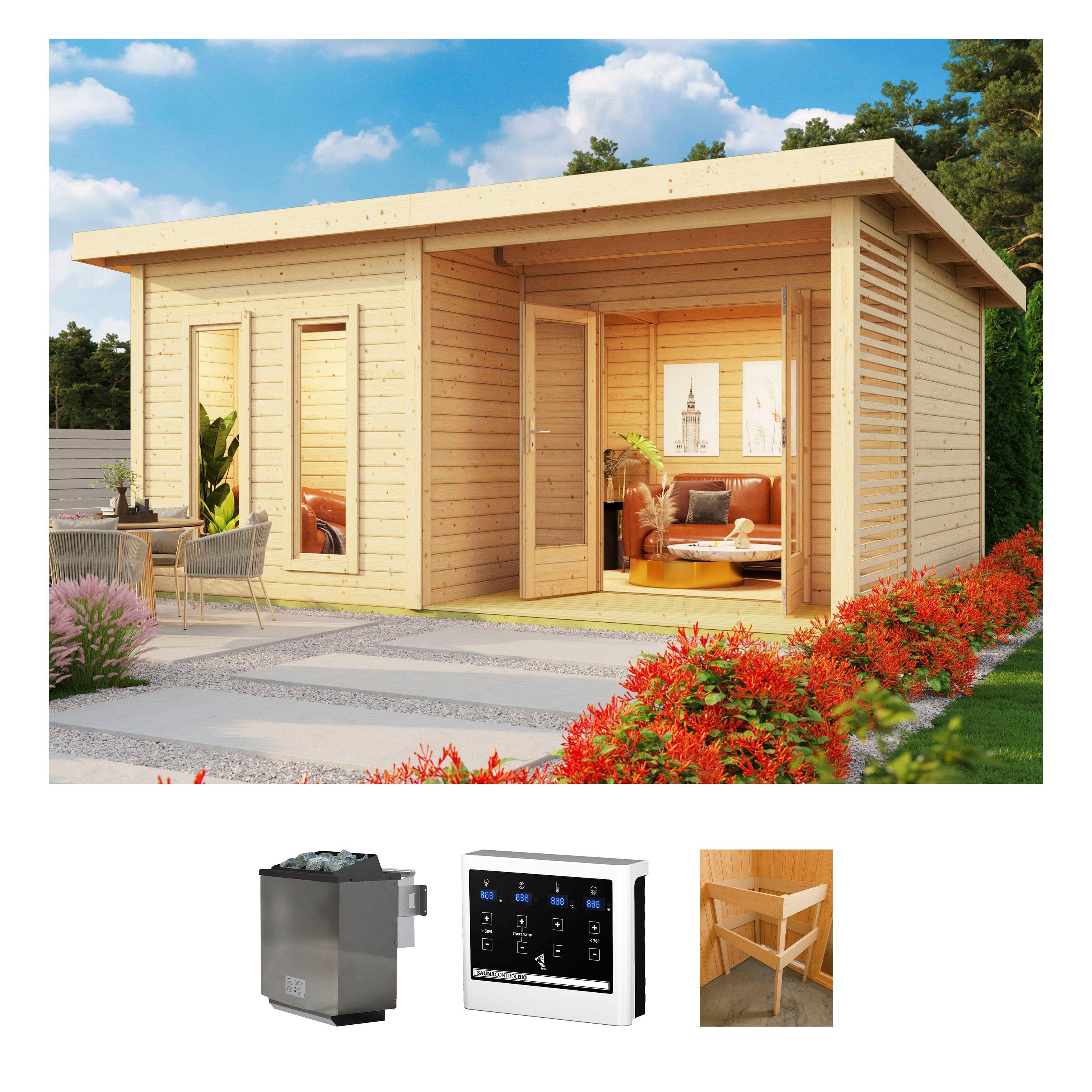 KONIFERA Saunahaus Maiko 5 SET B, BxTxH: 490 x 368 x 231 cm, 38 mm, Ofen 9 kW Bio externe Strg easy
