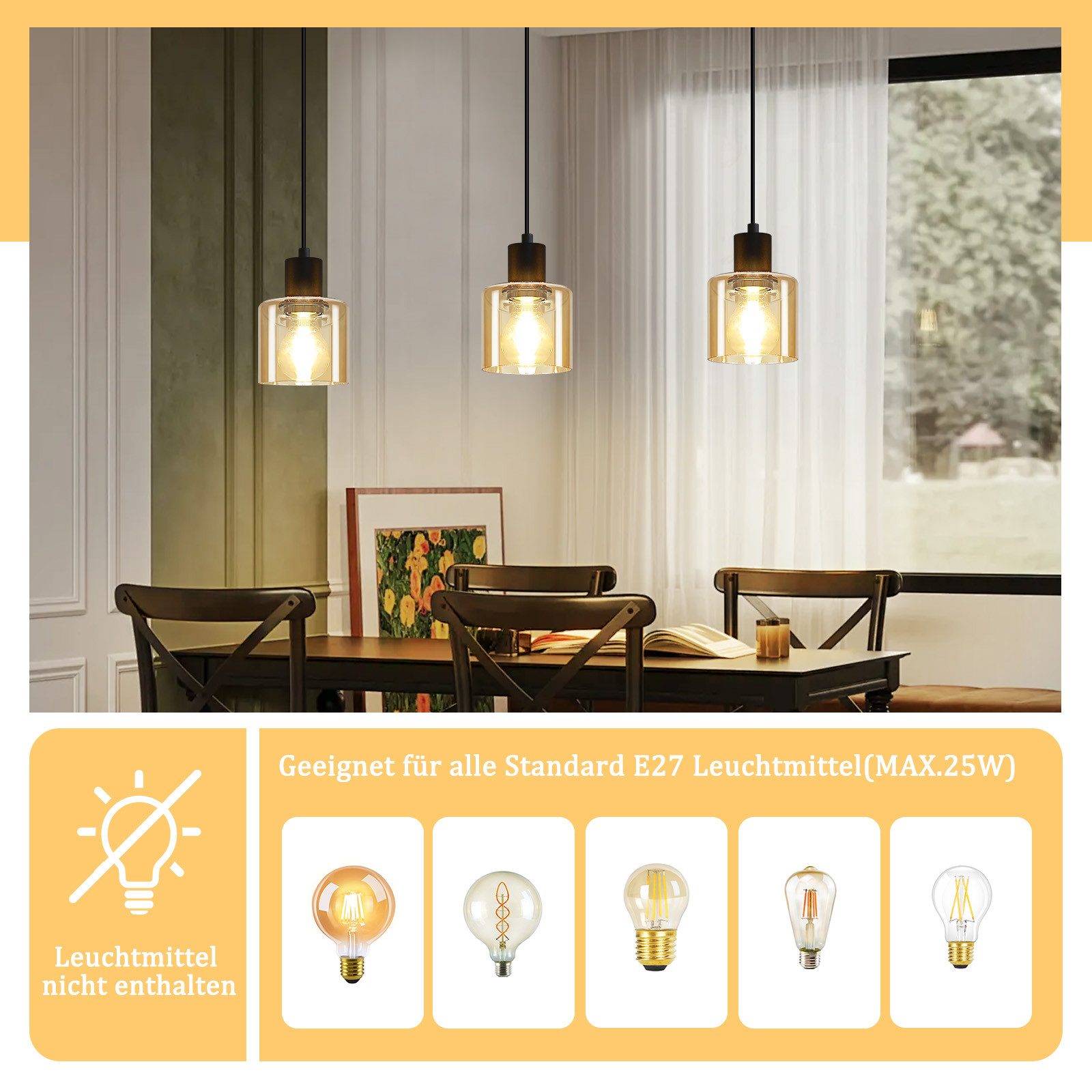ZMH Pendelleuchte Esstischlampe Hängend Hängeleuchte Schwarz/Berstein günstig online kaufen