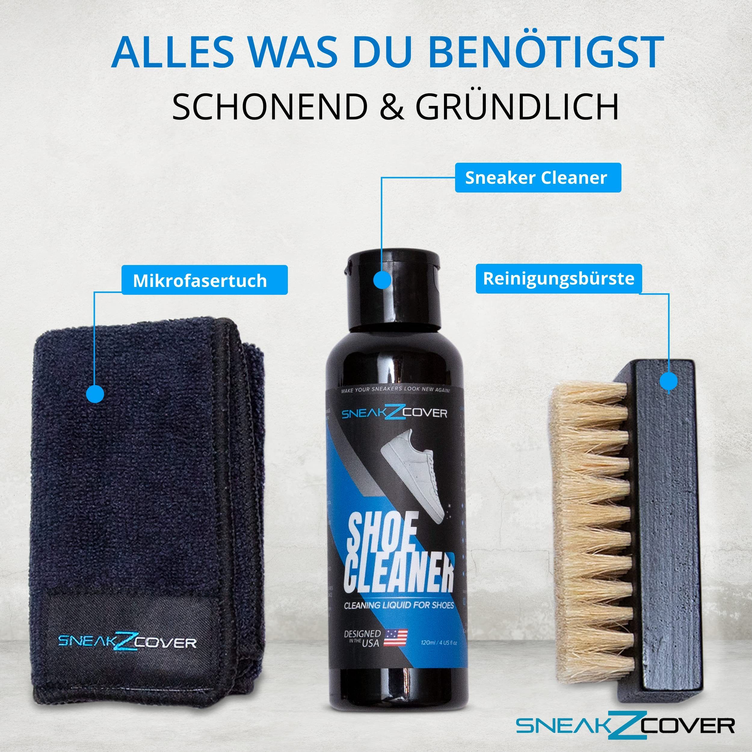 SneakZcover Sneaker Cleaner Set Basic Schuhputzset Schuhreiniger (Schuhpflegeset inkl. Schuh Reiniger, Mikrofasertuch, Schuhbürste)